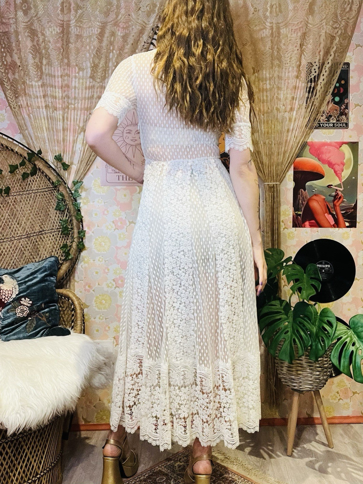 Designer Lace Sheer Dress By Maje Boho Bohemian Summer Festival V Neck 8-10