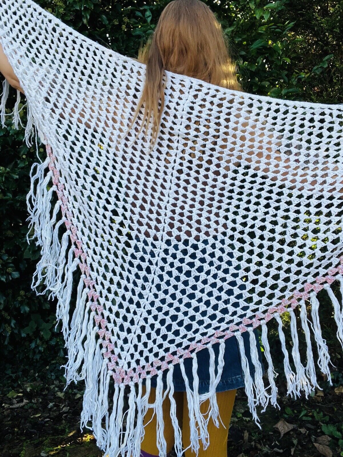 Vintage Boho Crochet Shawl Hippie Triangle Knit Wrap Cape Cottage Whimsy Scarf