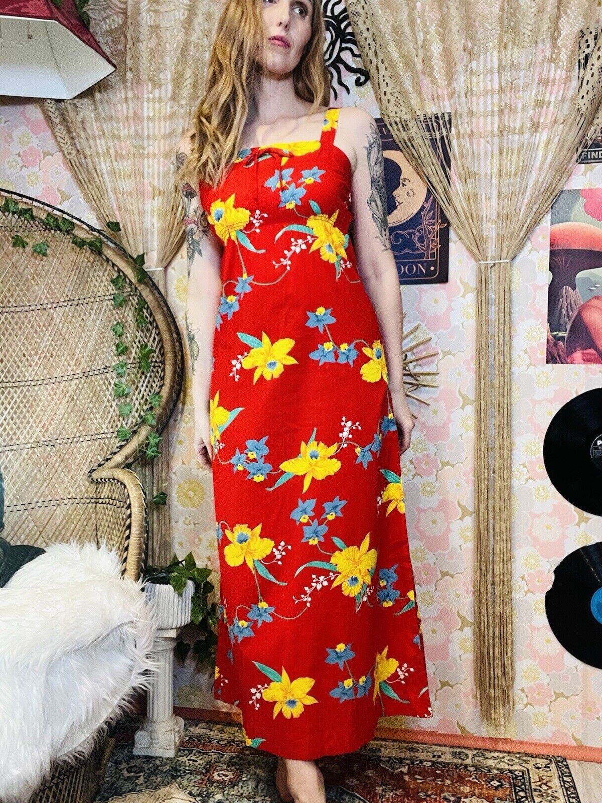 Vintage 1960s Hawaiian Dress By Darina Honolulu Red Floral Maxi Summer Dress 10