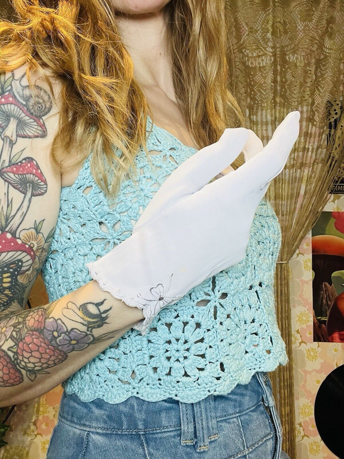 Vintage 1960s Embroidered Gloves Lilac Wrist Driving Summer Gloves Size S