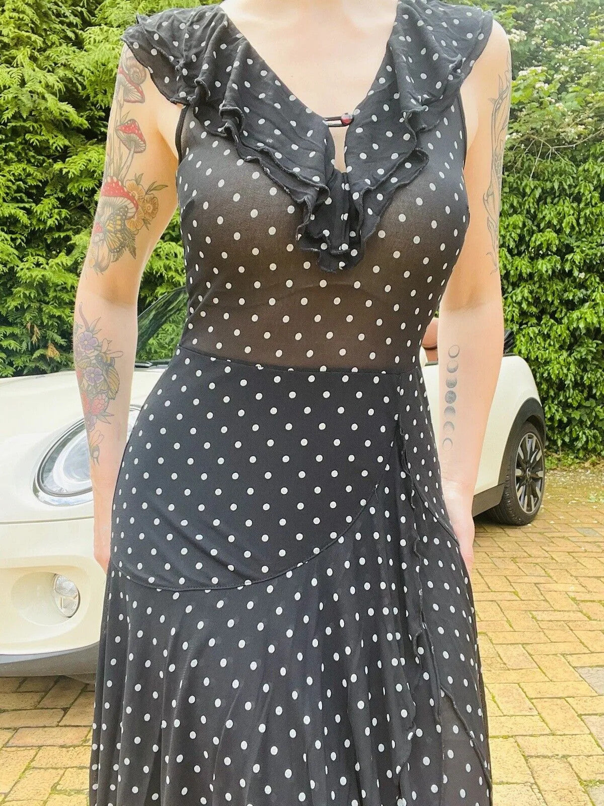 1980s polkadot cocktail dress Black Size 10 M True Vintage frilly layered midi