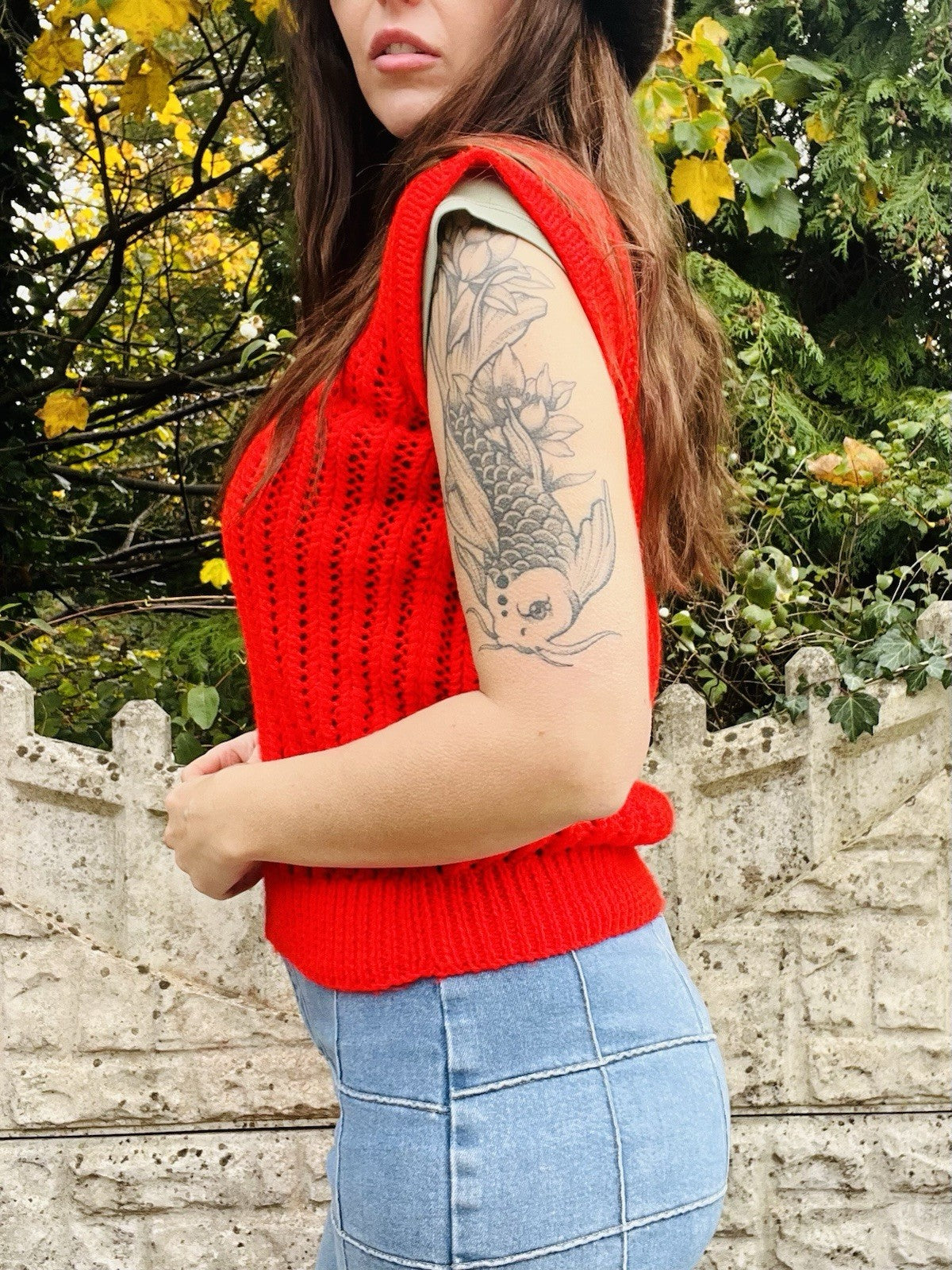 Vintage 70s Knitted Tank Top Sleeveless Jumper Crochet Vest Top Red Size 8-10