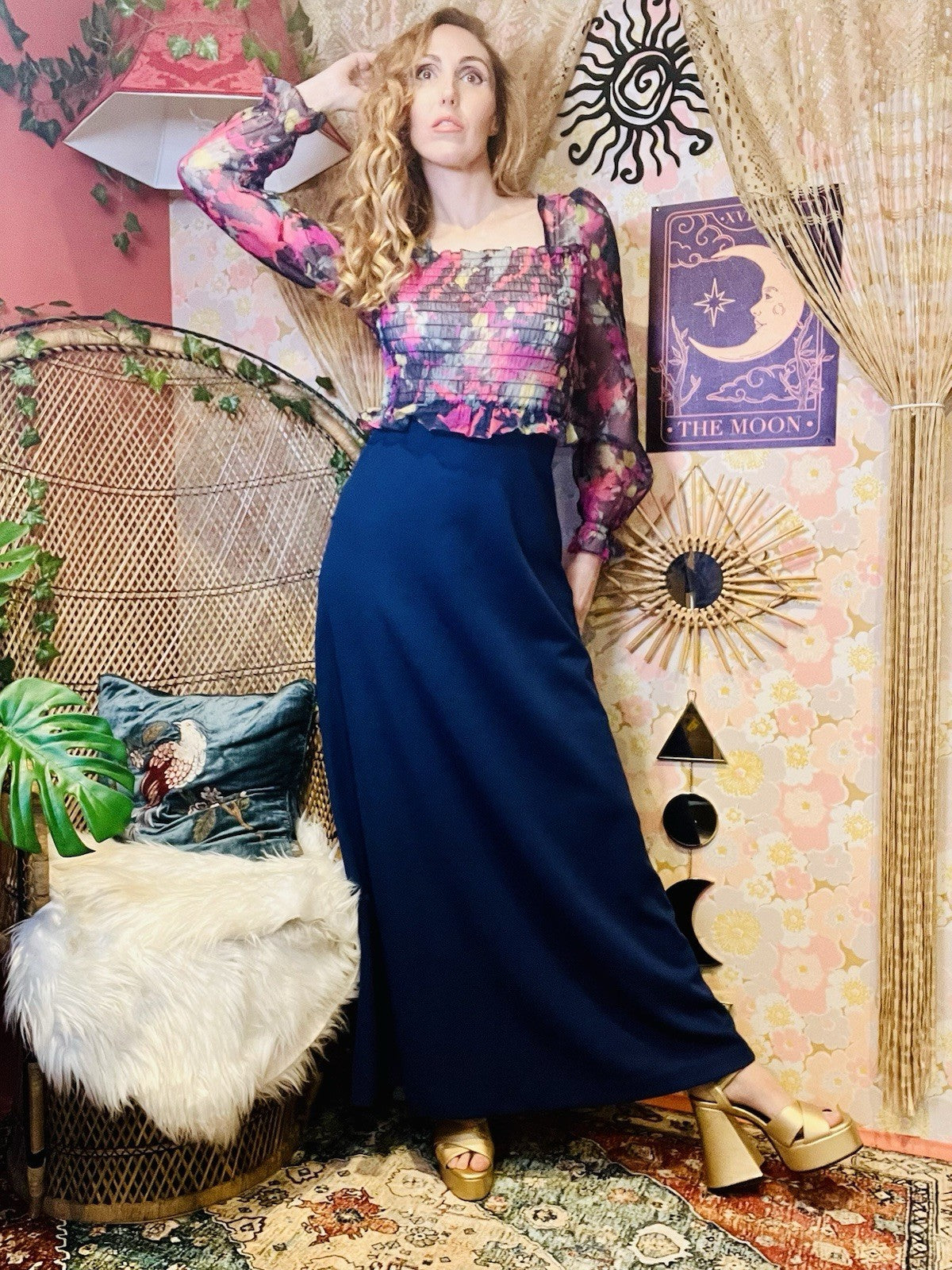 Vintage 1980s Maxi Dress Sheer Peplum Long Sleeve Square Neckline Blue Size 12