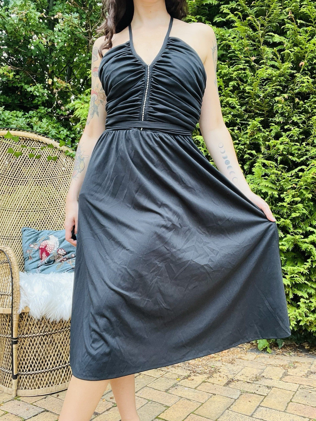 Vintage 1980s Party Dress Black Floaty Rouched Waist Strappy Dress Size 12