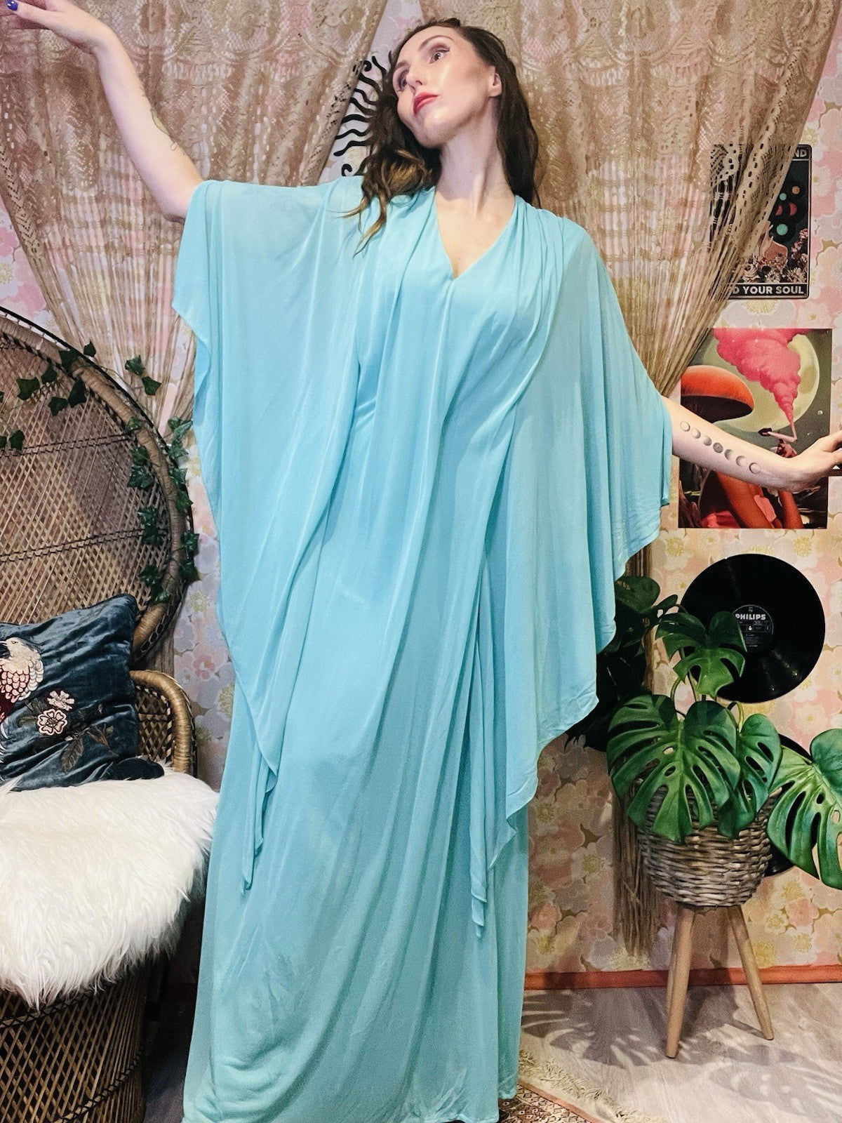Vintage 1970s Maxi Dress Flared Angel Sleeve Floaty Layered Hippie Dress Blue 14