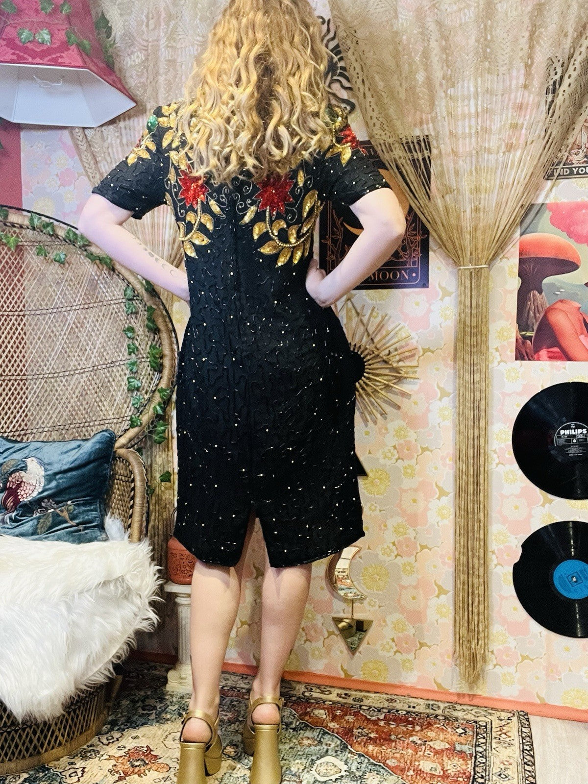 Vintage 1980s beaded Dress By Barkha Pure Silk Embellished Sequin Dress Black M