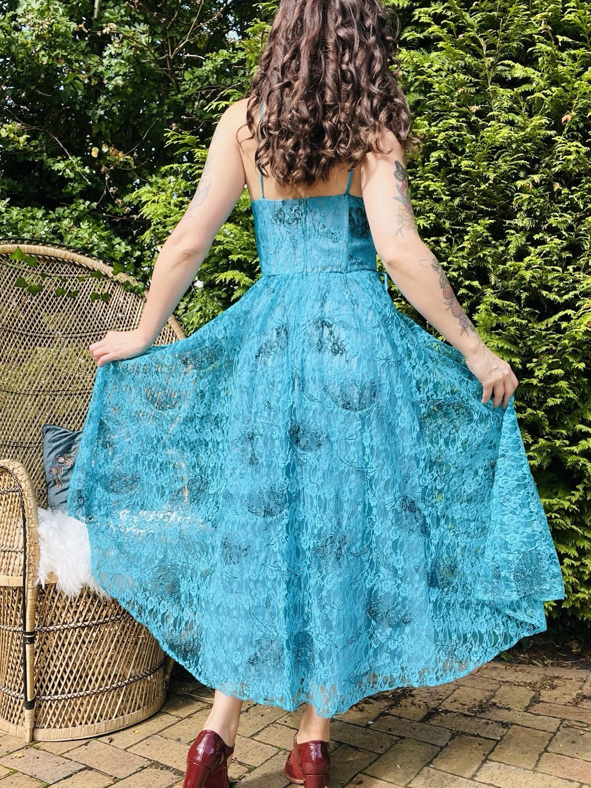 Vintage 1980s Party Dress, Strappy A-line With Floral Lace Overlay - Blue 10
