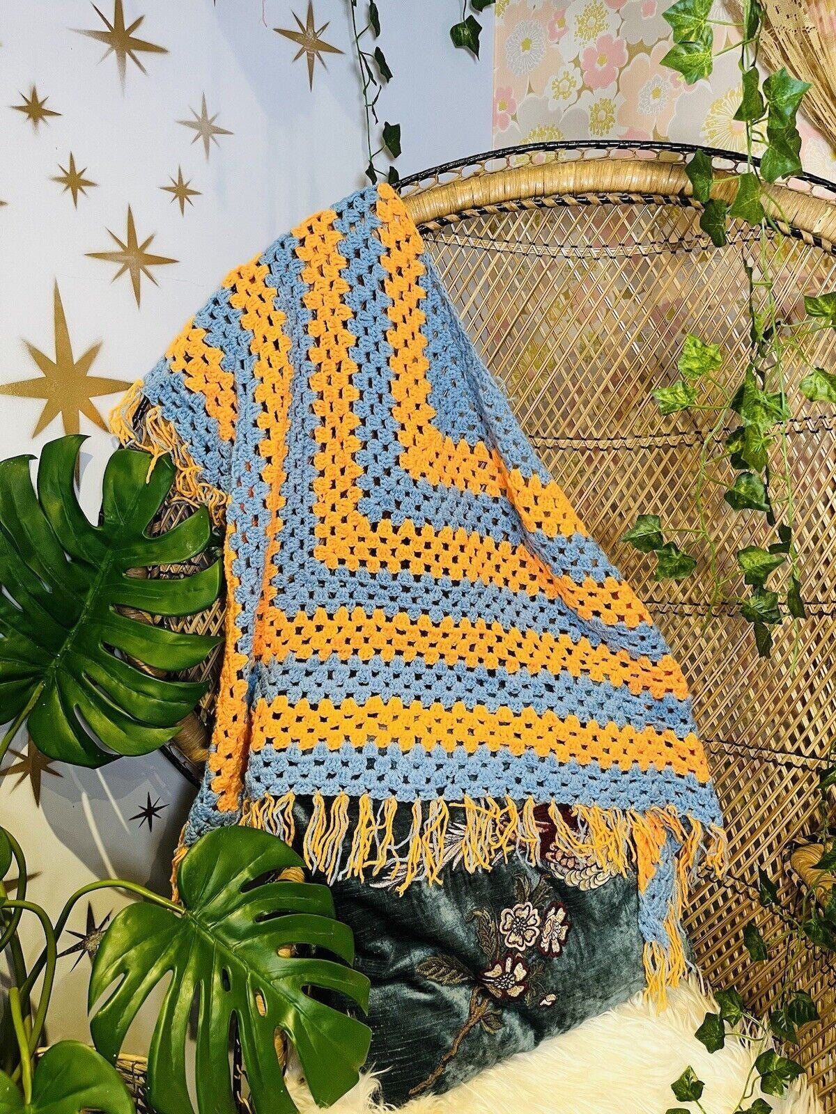 Vintage Boho Crochet Shawl Hippie Triangle Knit Wrap Cape Cottage Whimsy Scarf