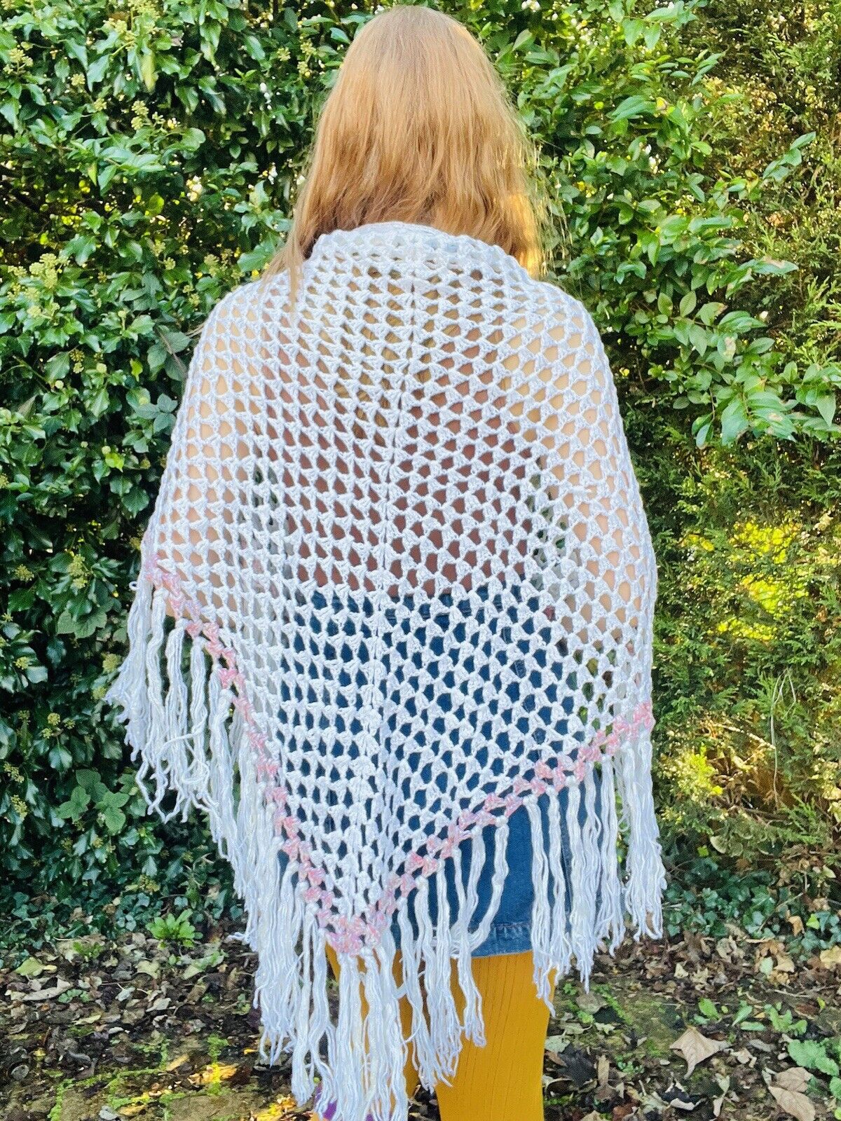 Vintage Boho Crochet Shawl Hippie Triangle Knit Wrap Cape Cottage Whimsy Scarf