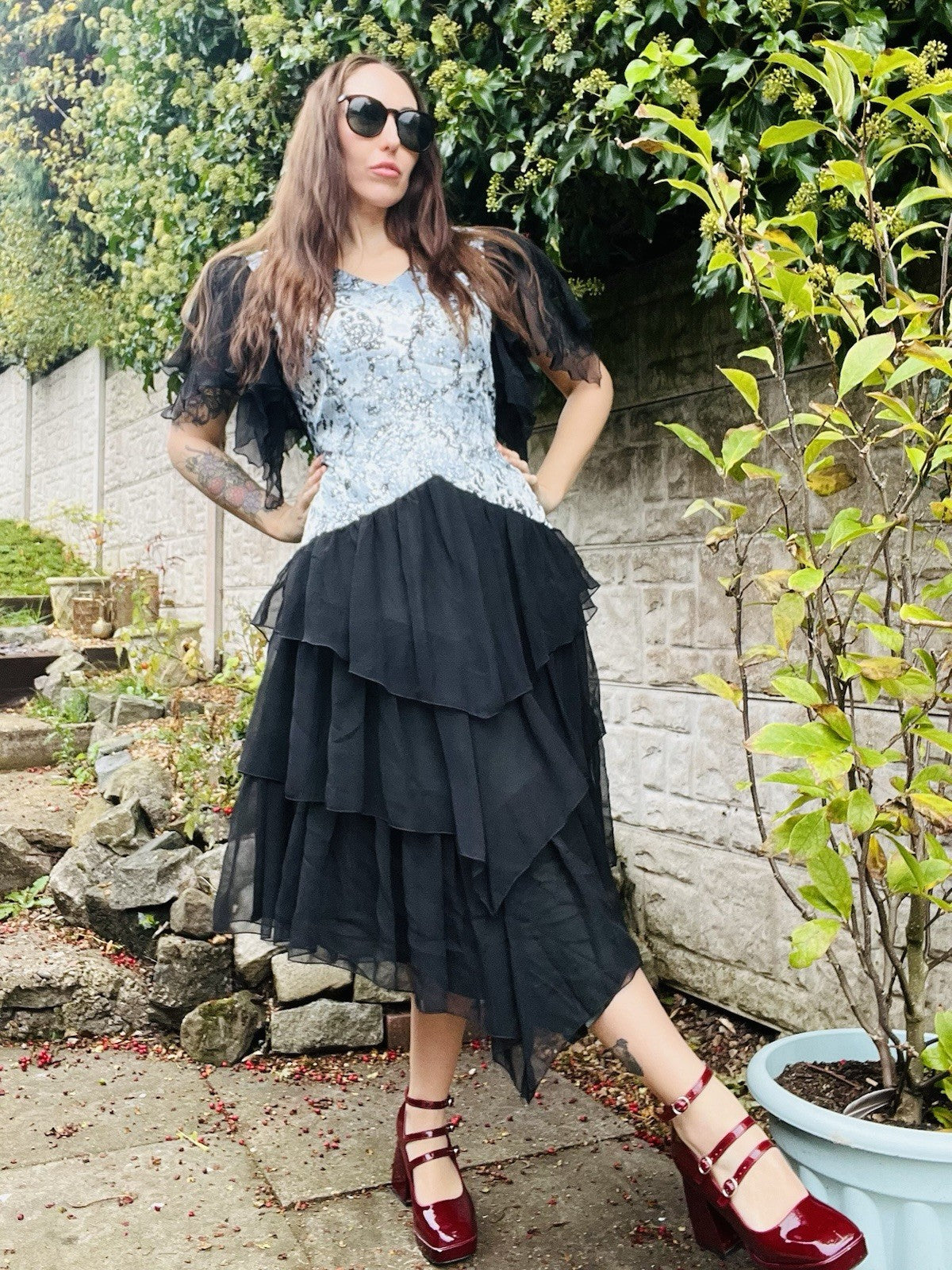 Vintage 1980s Party Dress Black Size 14-16 Frilly Floaty Layered Skirt