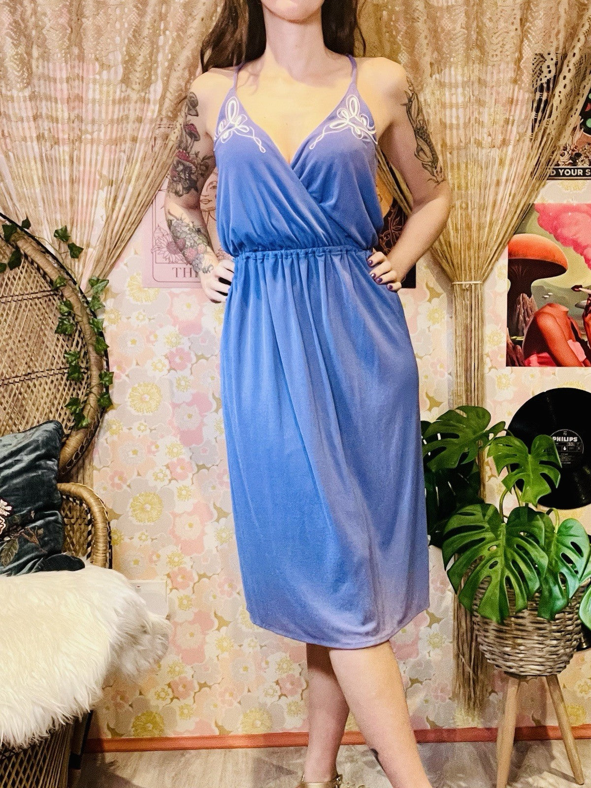 Vintage 1970s Summer Dress By Radley With Embroidered Detail Purple Size 10-12