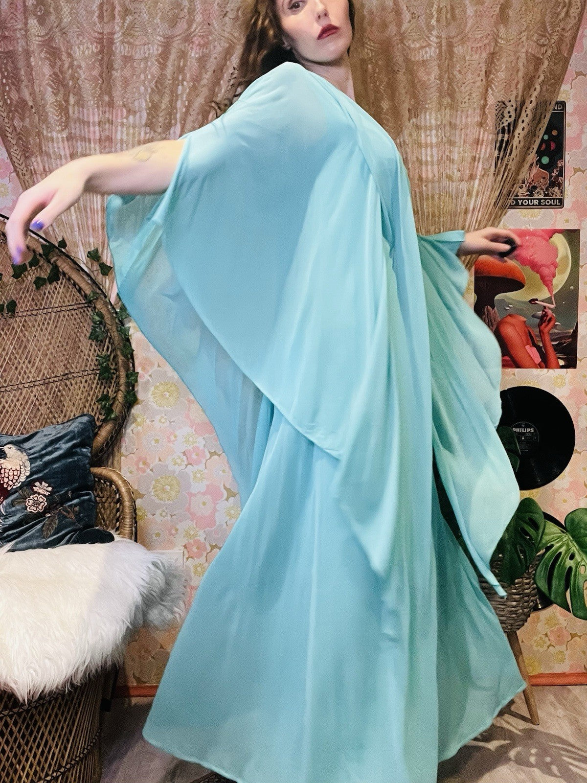 Vintage 1970s Maxi Dress Flared Angel Sleeve Floaty Layered Hippie Dress Blue 14