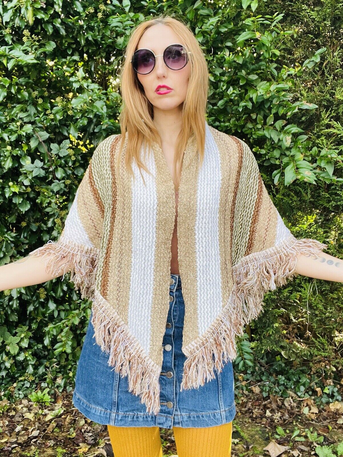Vintage Boho Crochet Shawl Hippie Triangle Knit Wrap Cape Cottage Whimsy Scarf