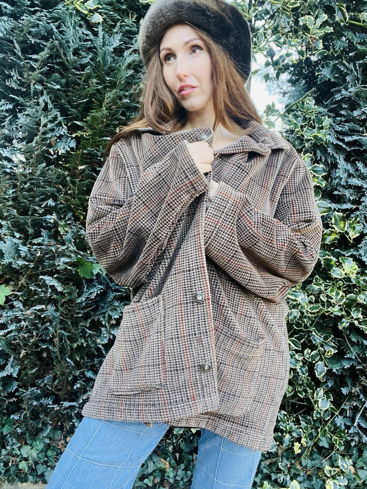 Vintage 80s Fleece Jacket, St Micheal Check Dogtooth Houndstooth Fluffy Coat XL