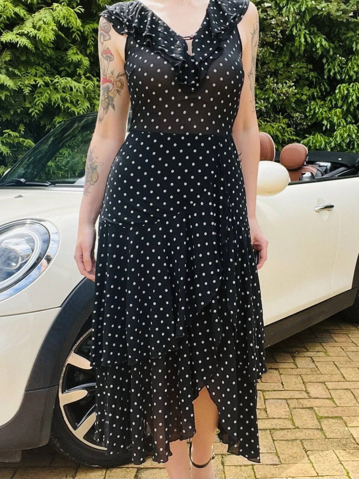 1980s polkadot cocktail dress Black Size 10 M True Vintage frilly layered midi