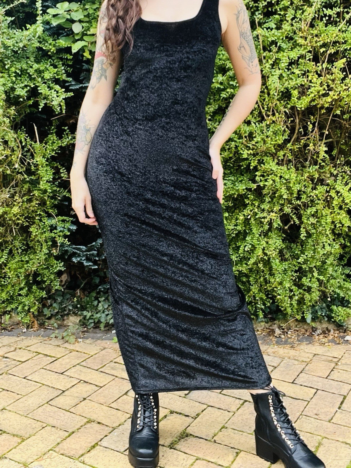 Vintage 1980s Fitted Dress, Long Velvet Wiggle Pencil Dress, Black Size 10