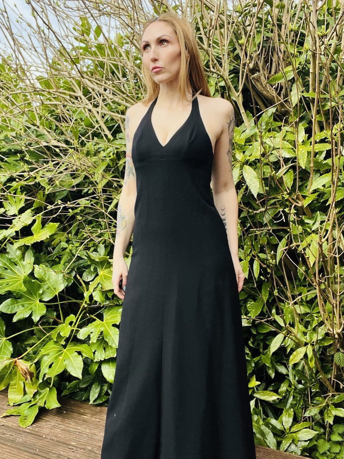 Vintage 1970s Maxi Dress Halterneck Low Back Long Dress By Janick Black Size 8