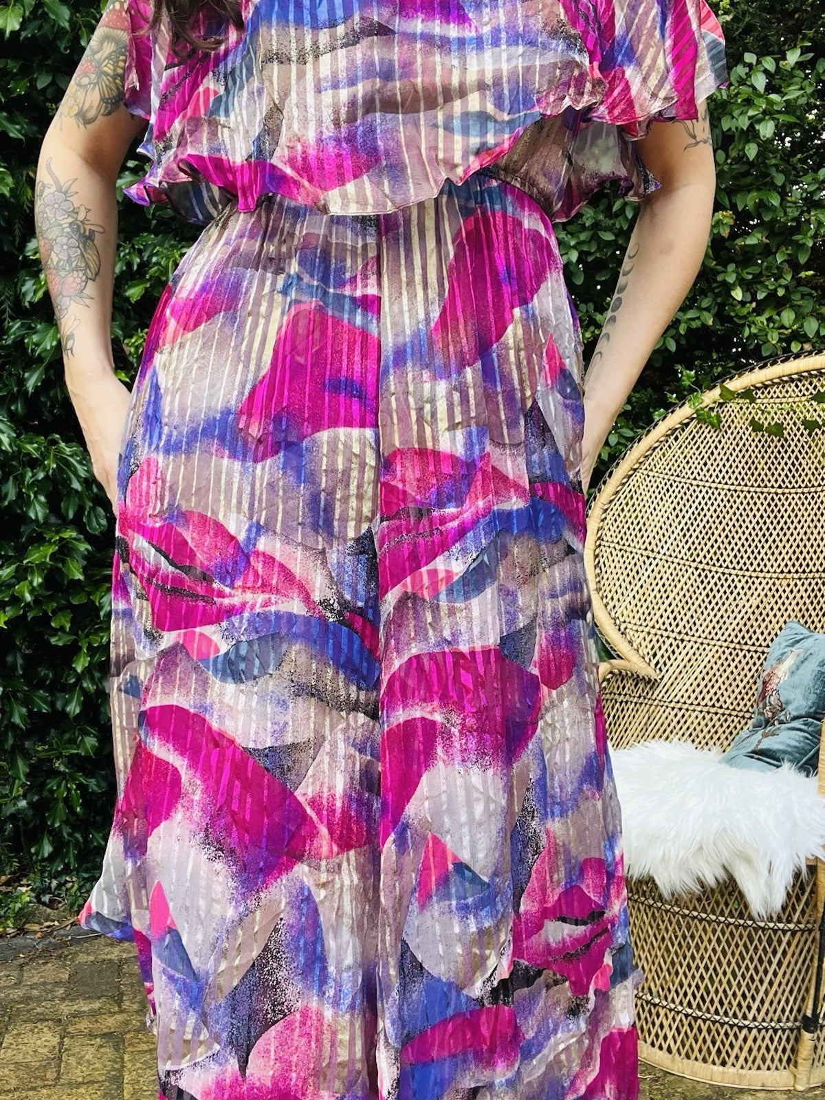 Vintage 1980s Floaty Dress With Cape Sleeves Bold Retro Pink And Purple Sheer 12