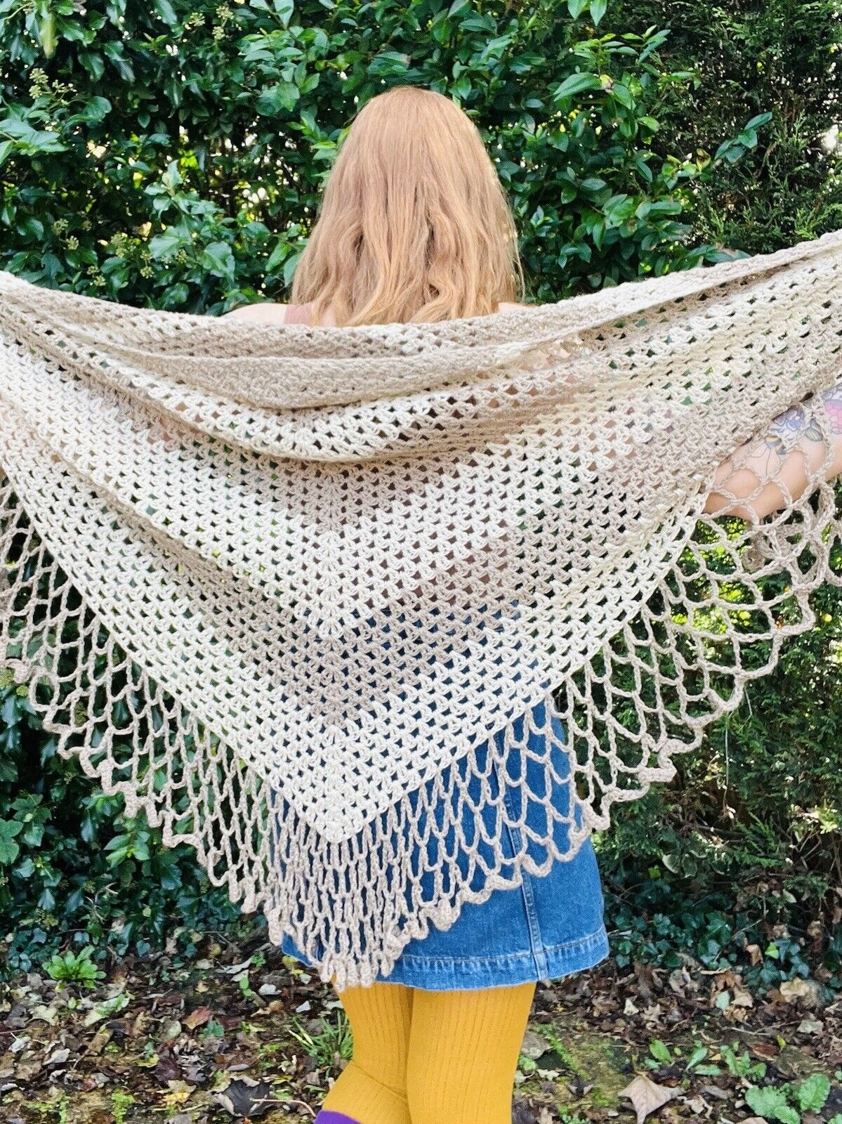 Vintage Boho Crochet Shawl Hippie Triangle Knit Wrap Cape Cottage Whimsy Scarf