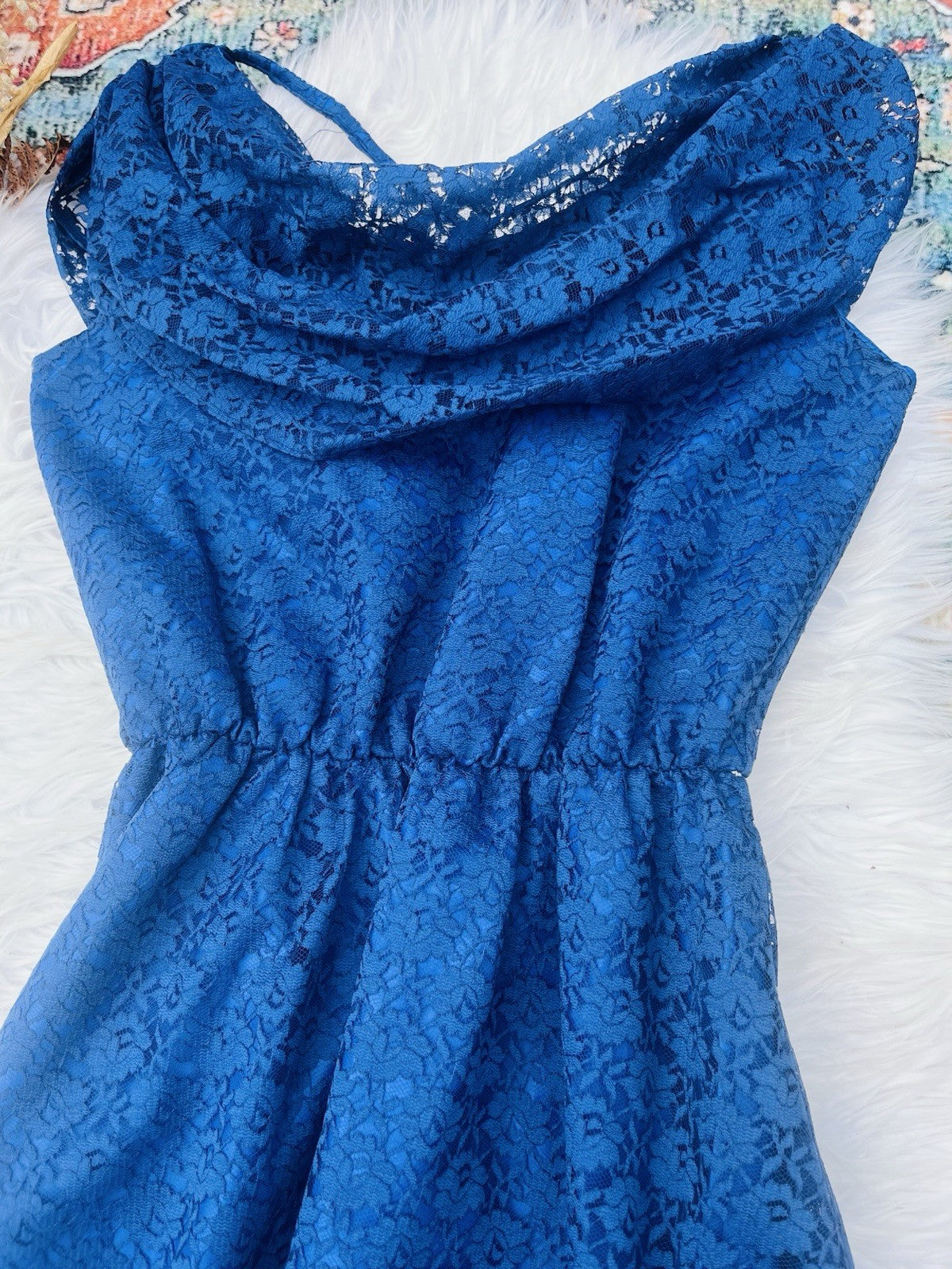 Vintage 1980s Lace Dress Long Maxi Prairie Dress With Cowl Neck Blue Size 10-12