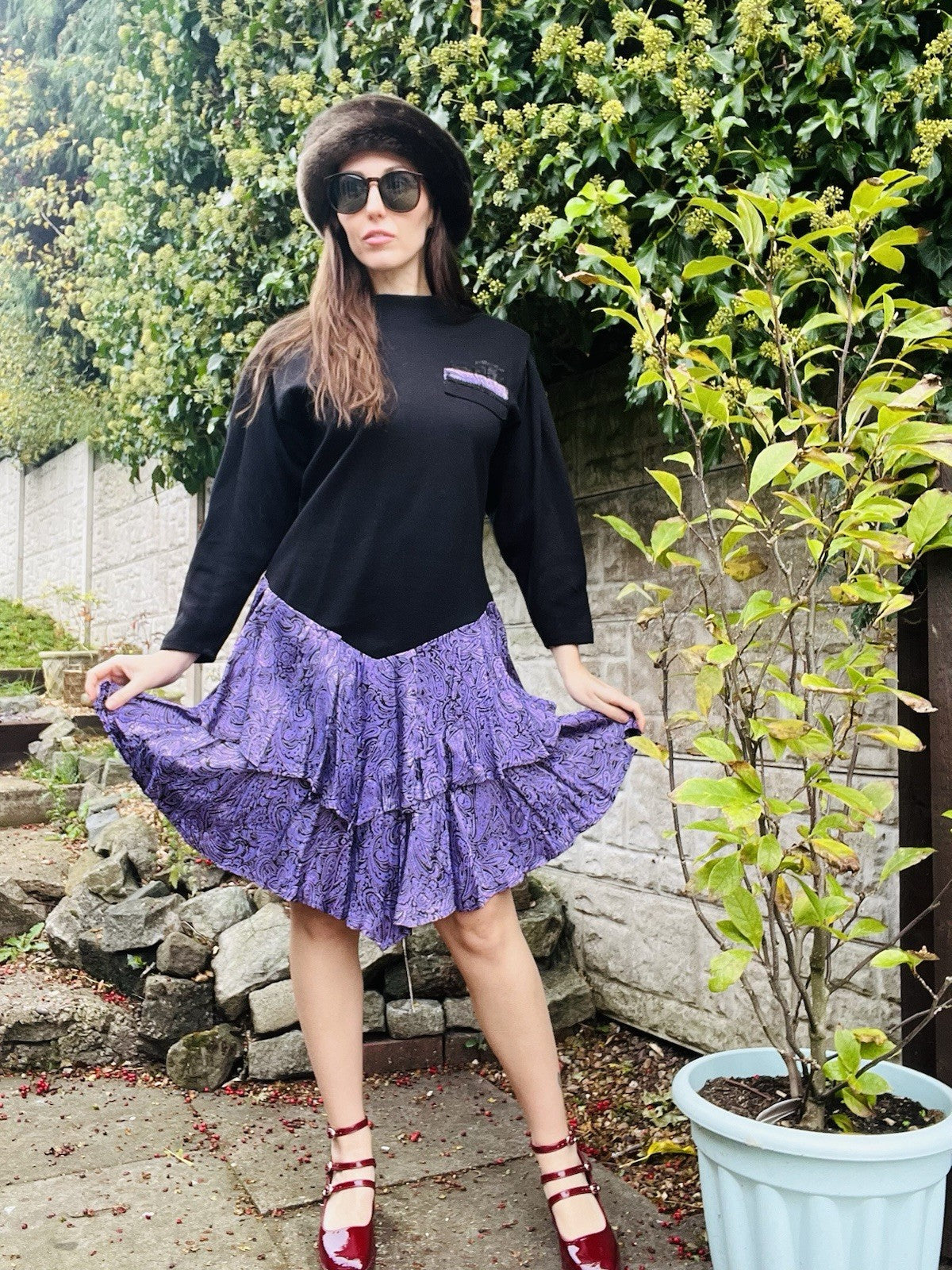 Vintage 1980s Jumper Dress Black Purple Size 16 Long Sleeve Layered Party Dress