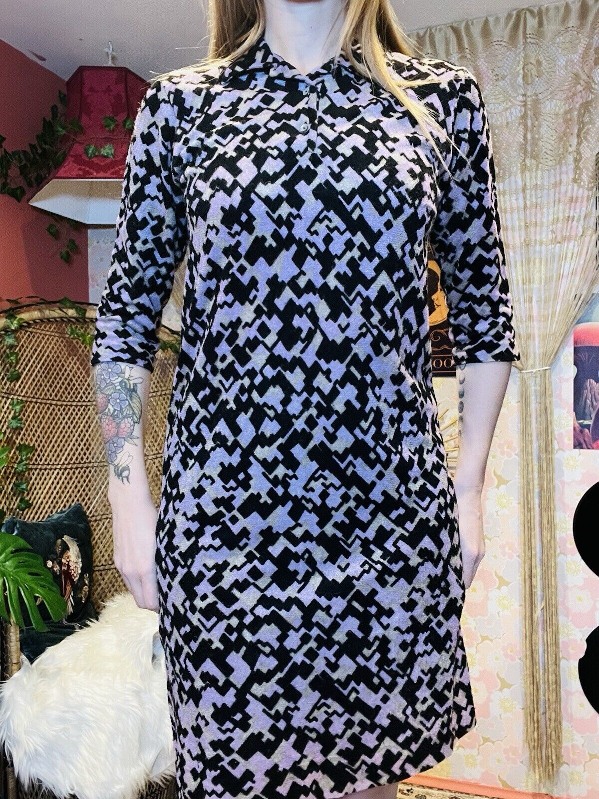 vintage 1960s mod dress gogo dress with collar and abstract print size 14 purple