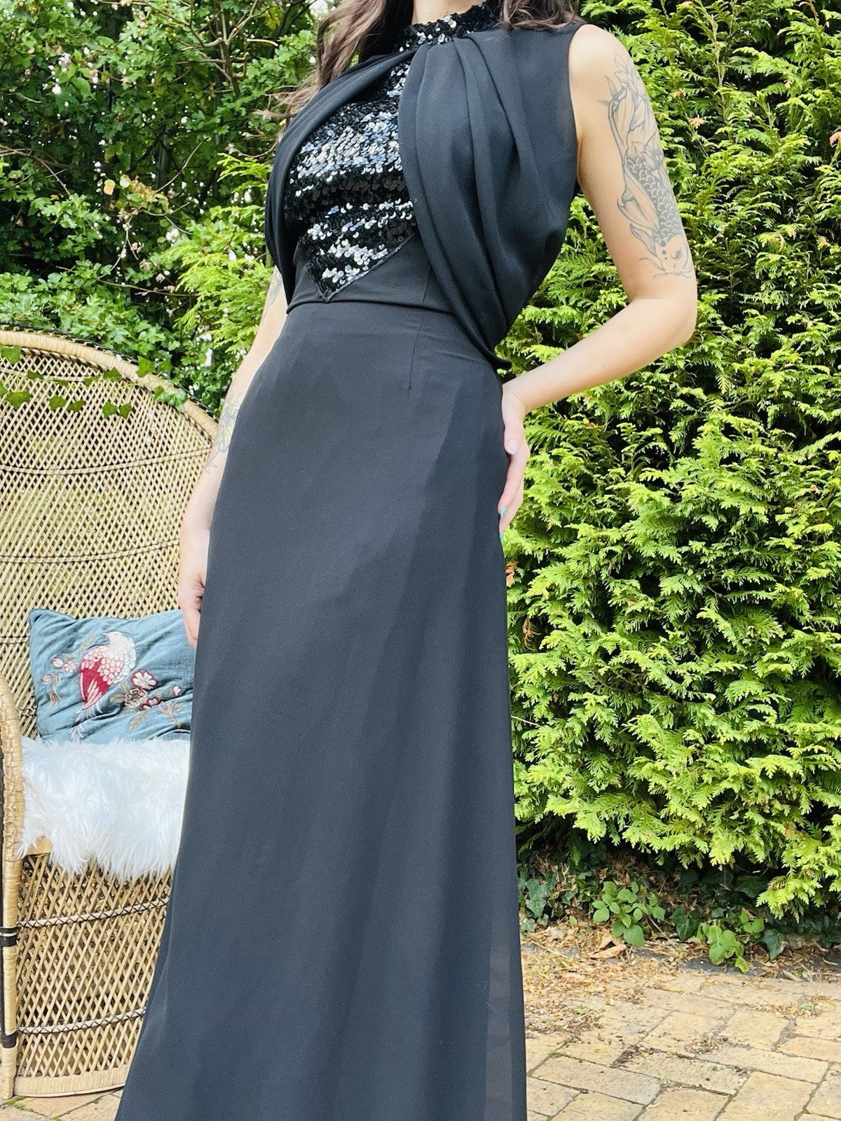 Vintage 1990s Cocktail Dress Long Cinched Waist With High Neck Sequins Black 14
