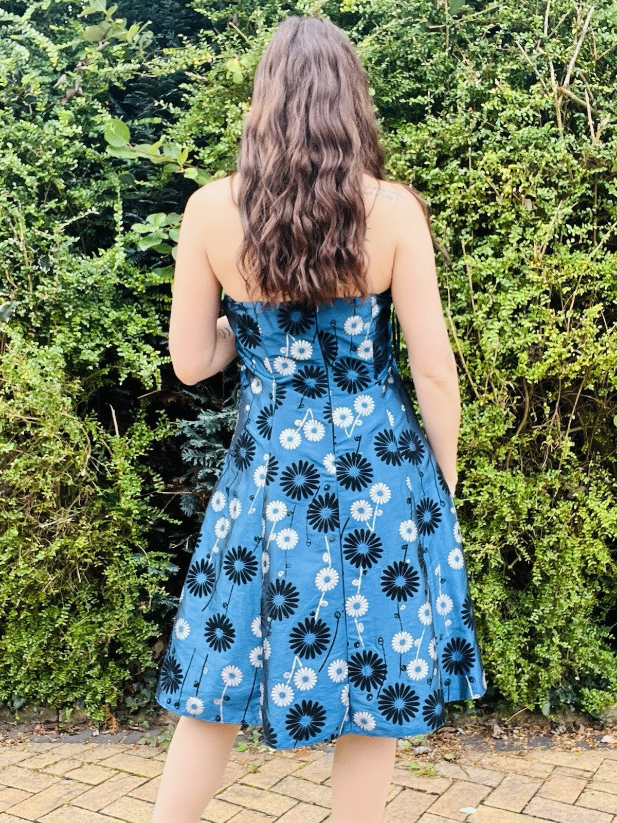 Vintage 1990s Cocktail Dress, Strapless A Line With Floral Daisy Print, Blue 16