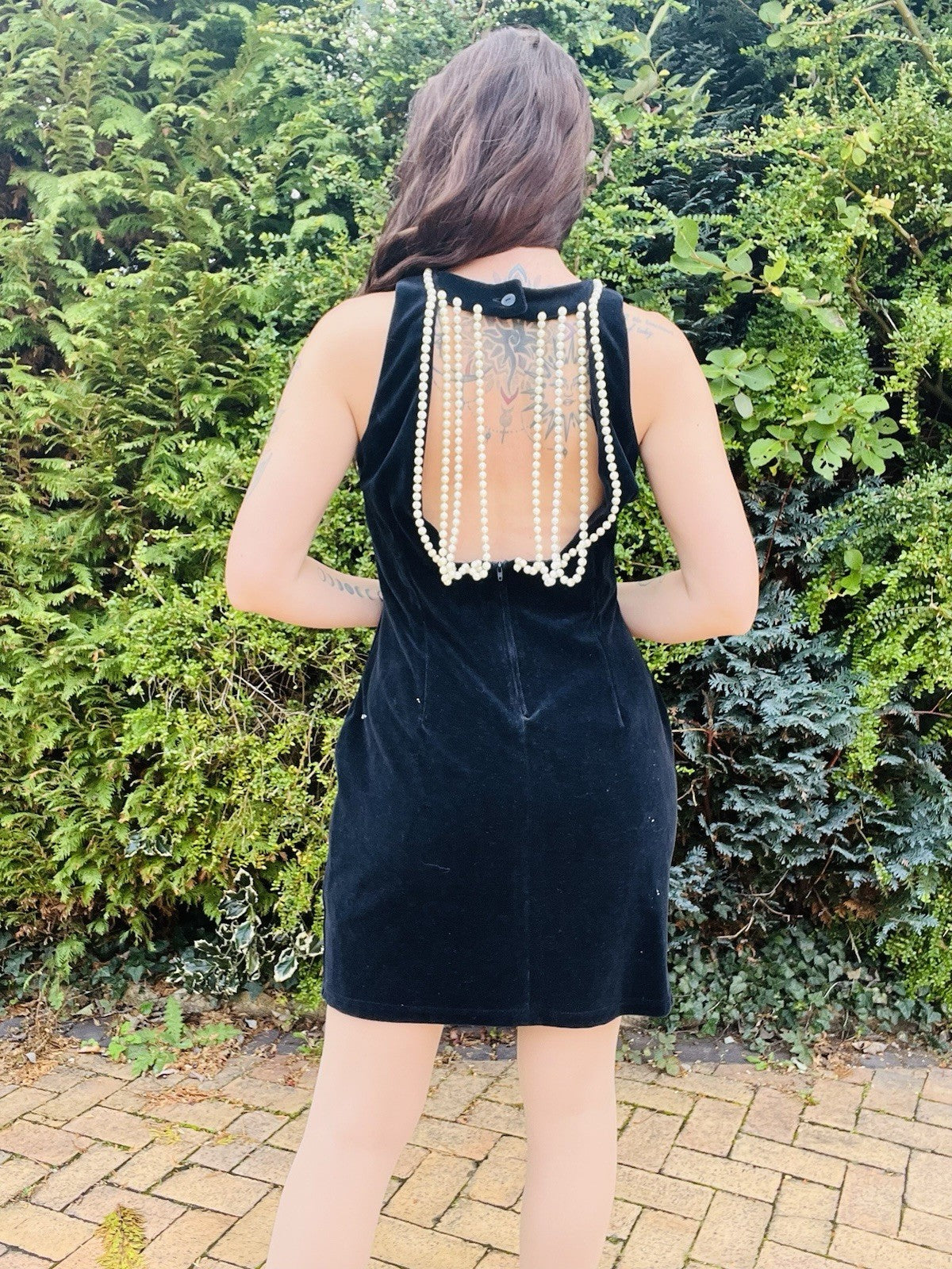 Vintage 1980s Cocktail Dress, Velvet Fitted Backless, Beed Embelishment, Size 12