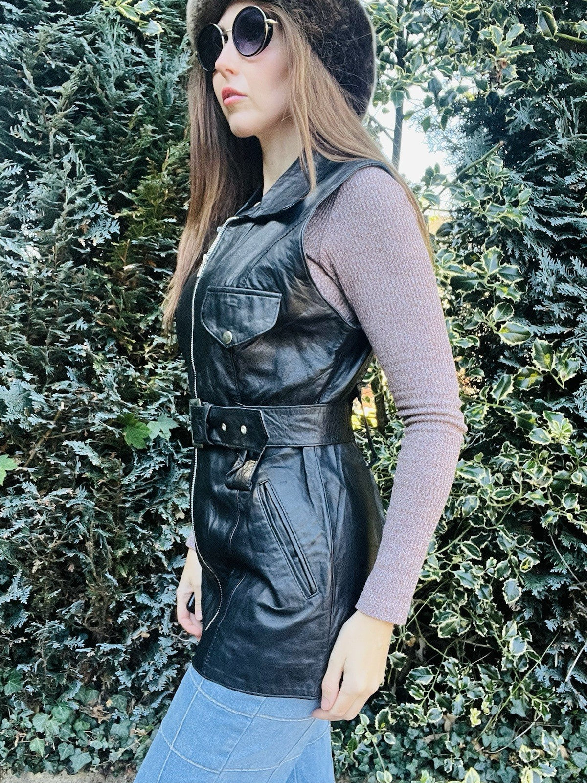 Vintage 70s 80s Leather Gilet, Retro Black Belted Sleeveless Jacket Size 10-12