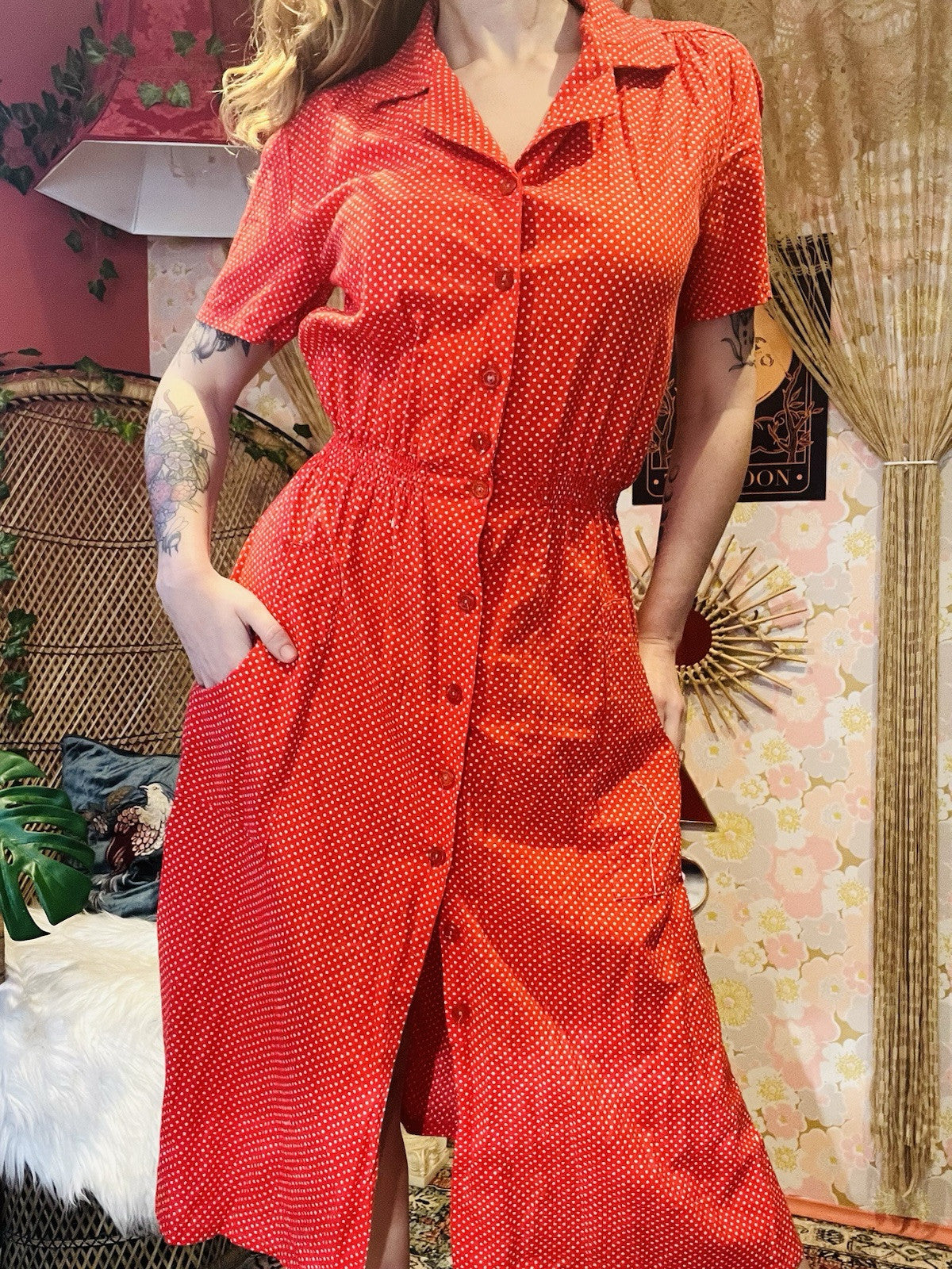 Vintage 1970s Shirt Dress Rockabilly Polkadot Collared Short Sleeve Dress Red 12