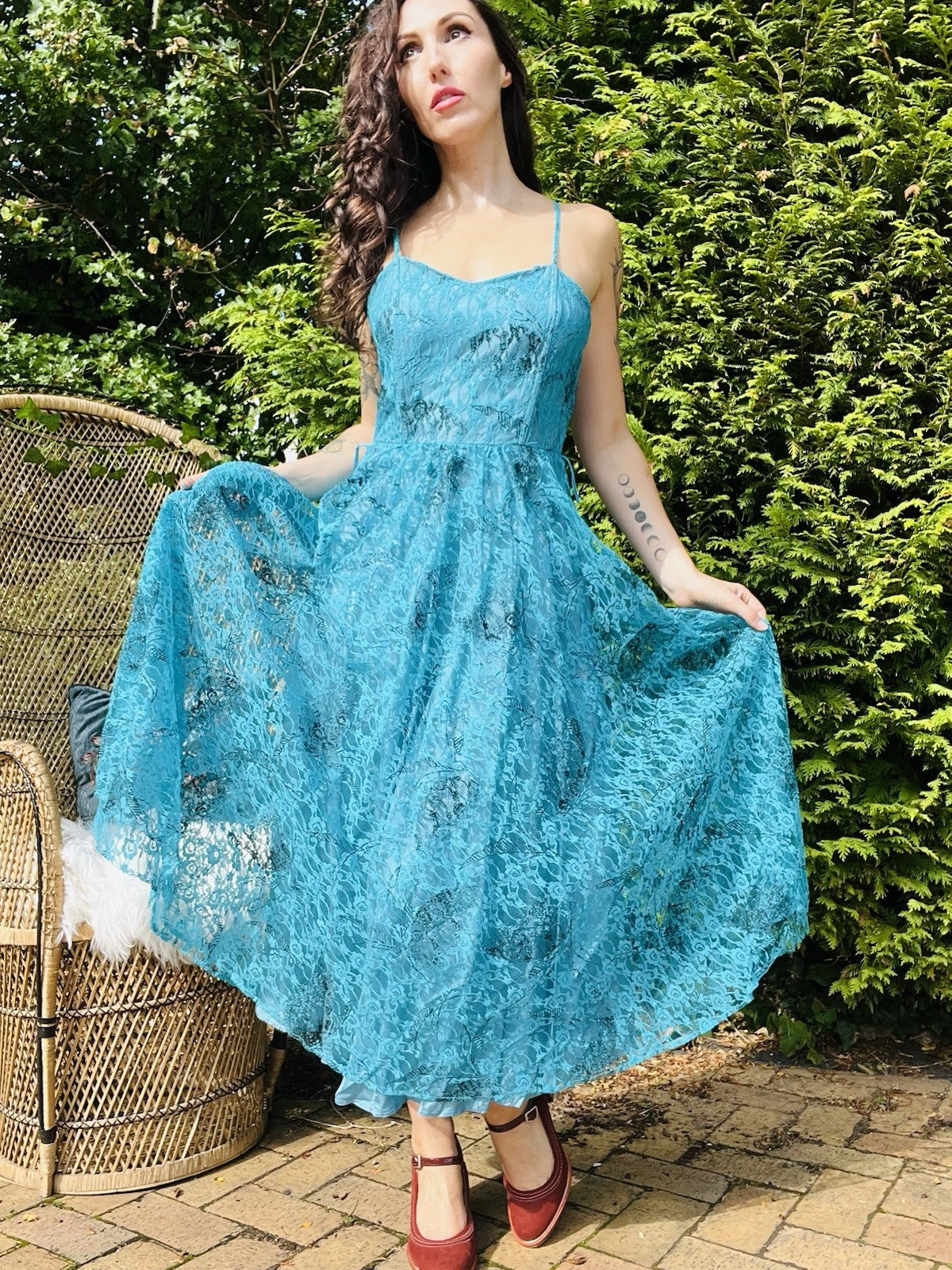 Vintage 1980s Party Dress, Strappy A-line With Floral Lace Overlay - Blue 10