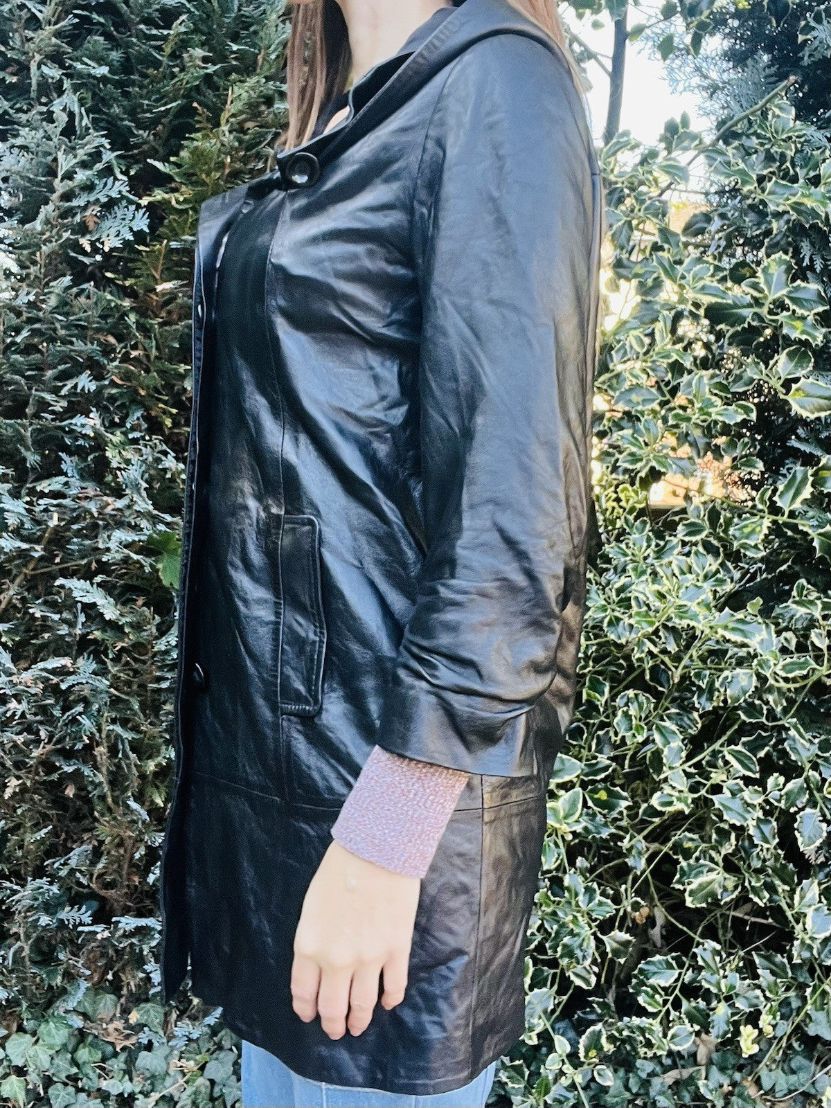 Vintage 1980s Leather Jacket With Hood, Retro Cropped Sleeve Long Length 10-12