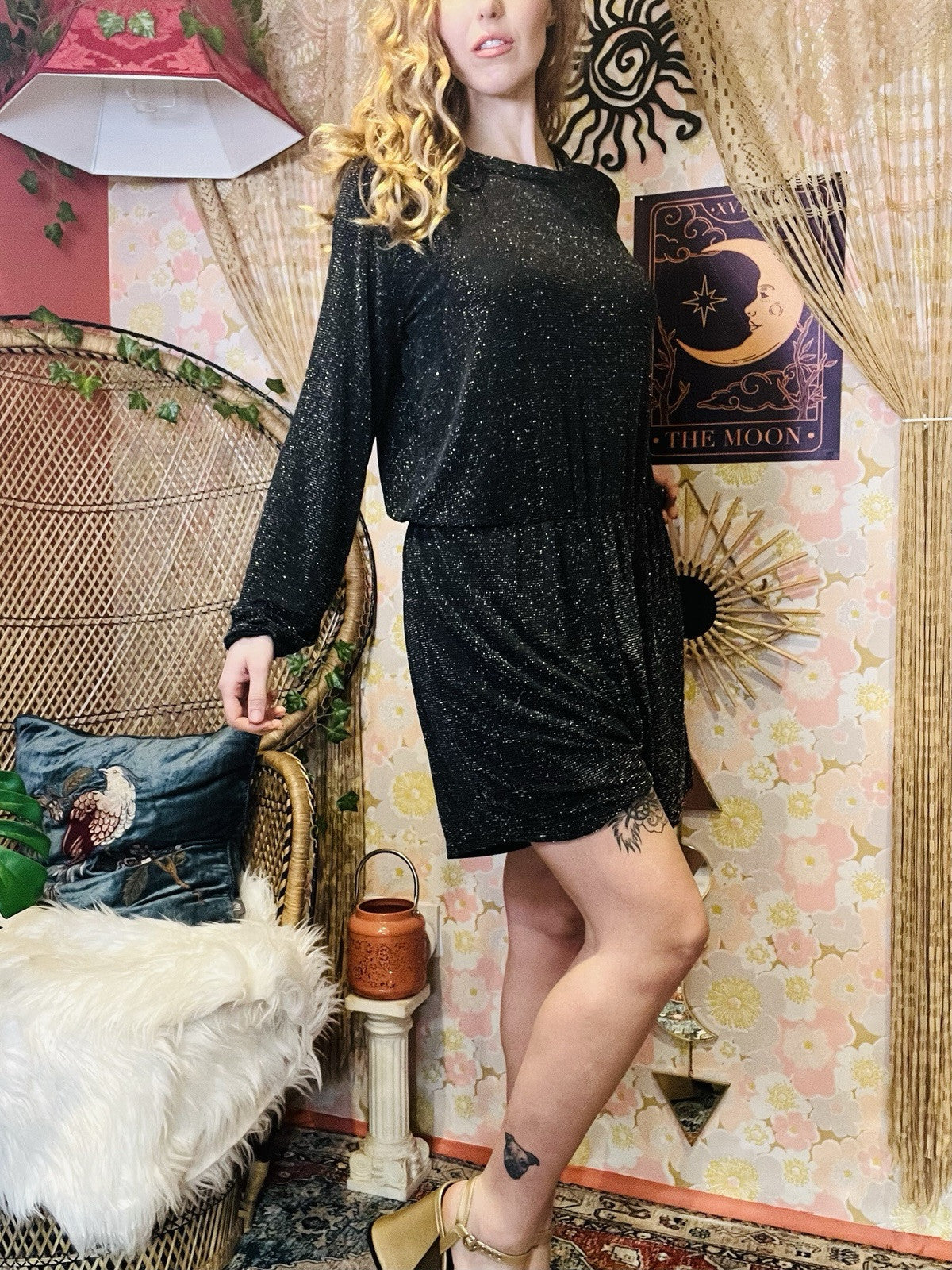 Long Sleeved Playsuit Black Silver Sparkly Glitter Short Bomper With Open Back L