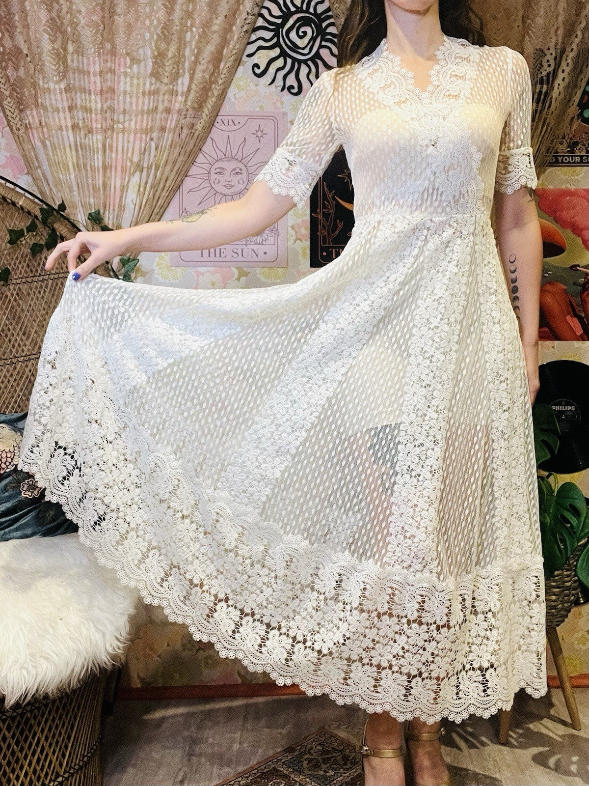 Designer Lace Sheer Dress By Maje Boho Bohemian Summer Festival V Neck 8-10