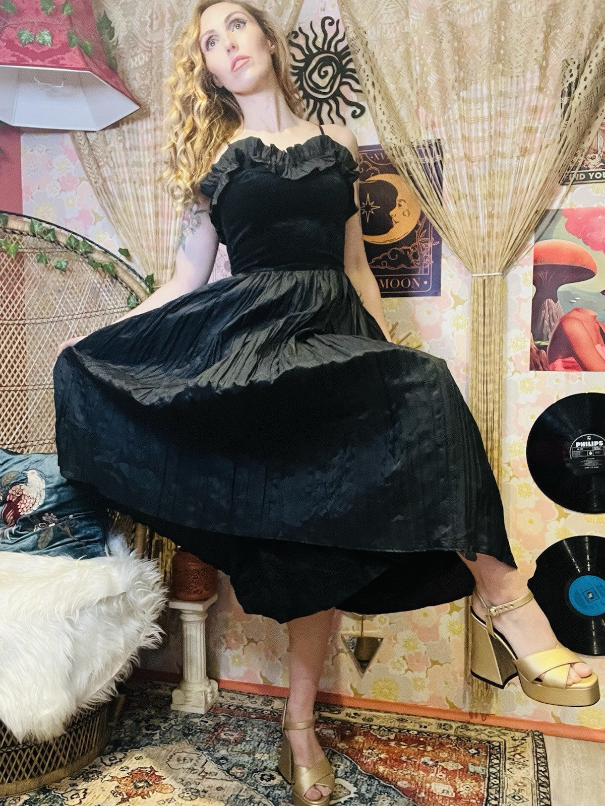 Vintage 1980s Party Dress By Puszta Velvet Ruffle Bodice Pleated Midi Black 8