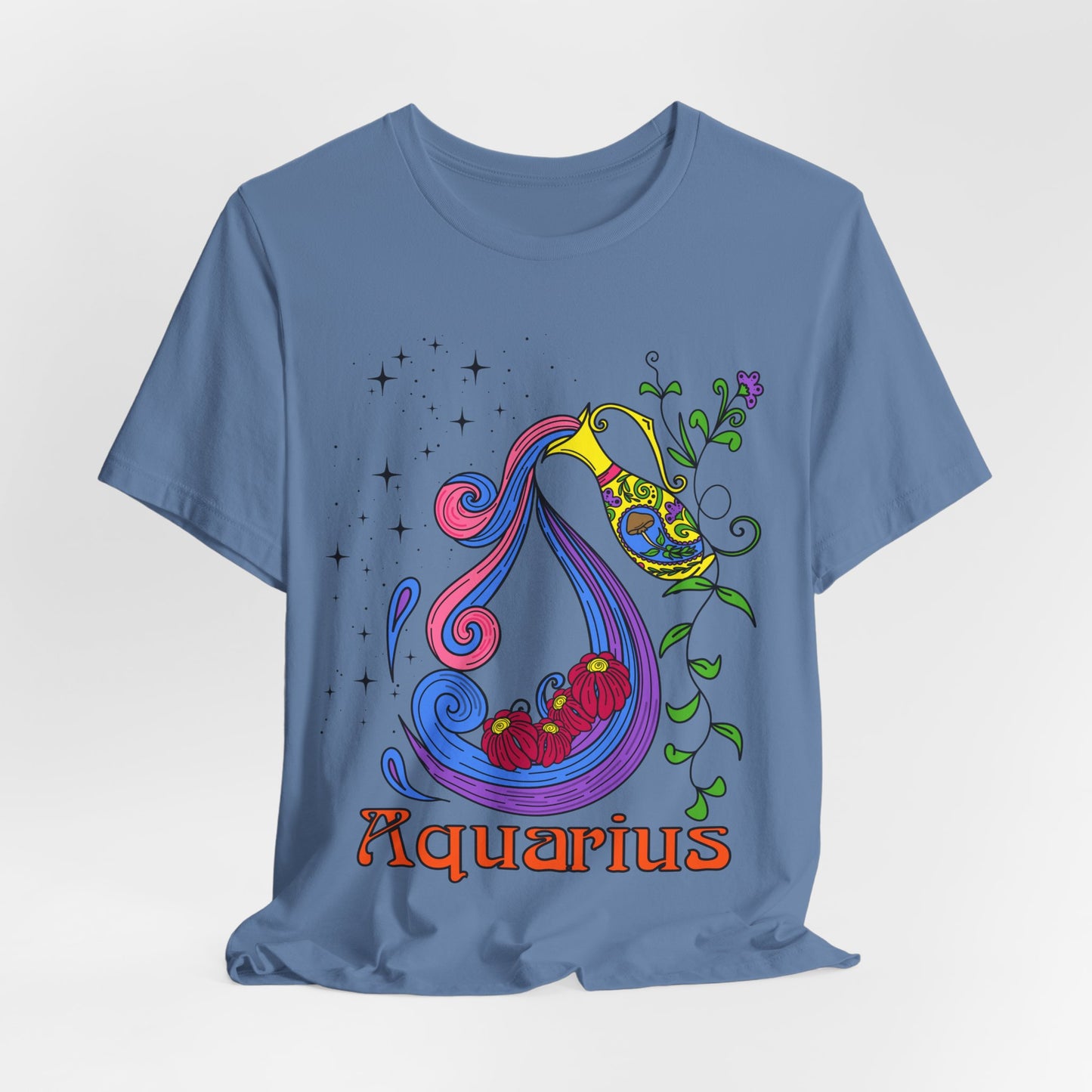 Aquarius star sign T-Shirt, water pale zodiac astrology top, Horoscope birthday gift Tee, Bold retro colourful Design tshirt