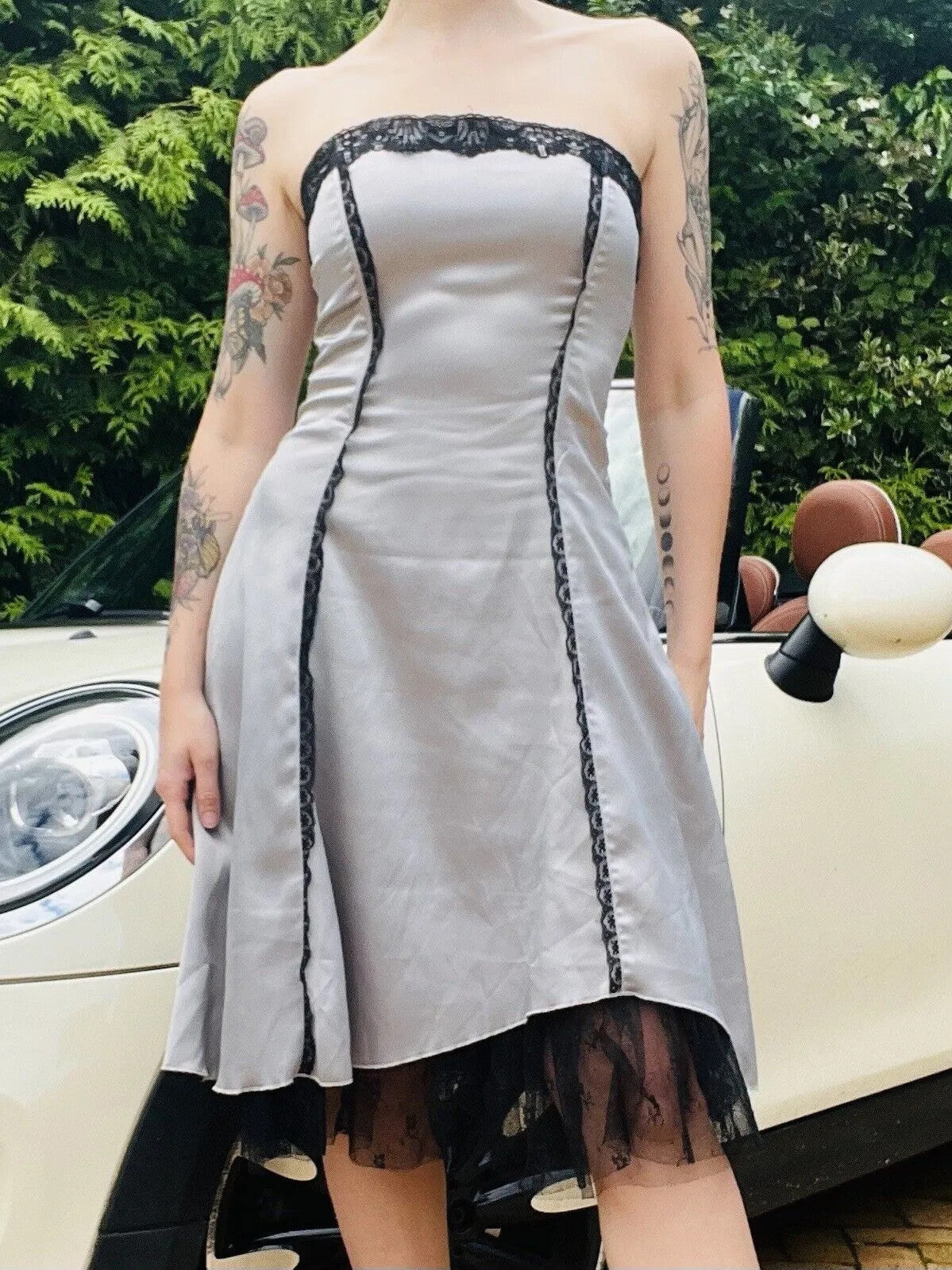 Vintage Y2K party Dress Silver size 10 S By Xanaka strapless With Lace Trim
