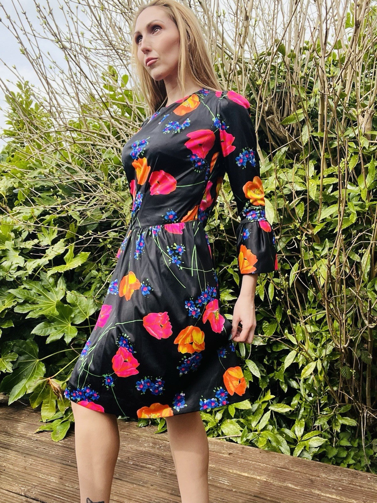 Vintage 1980s Floral Dress Flared Sleeve Assymetric Drop Waist Summer Dress 14