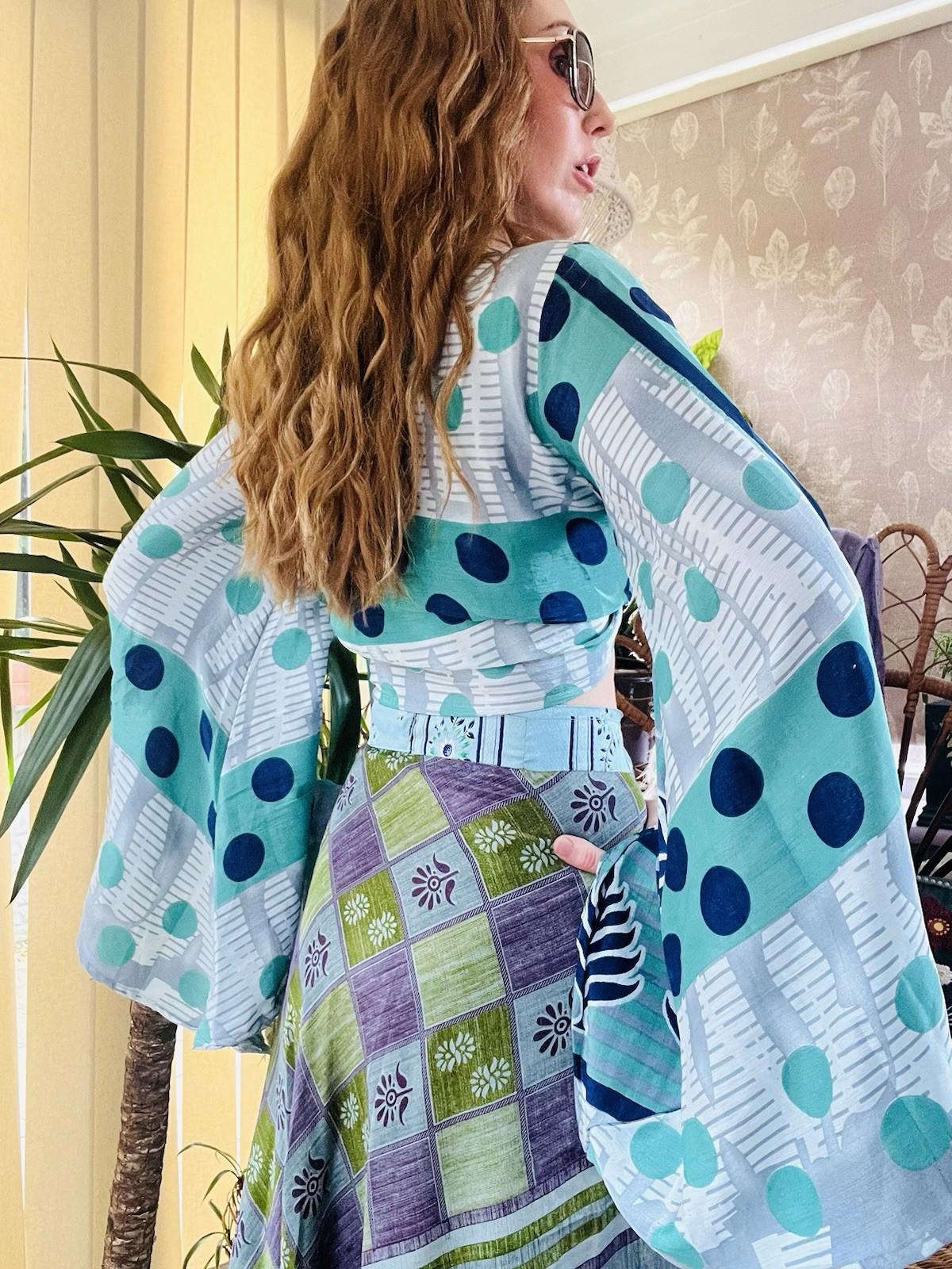 Flared Sleeve Top Vintage Silk Hippie Boho Bell Sleeved Wrap Top Gypsy Bolero