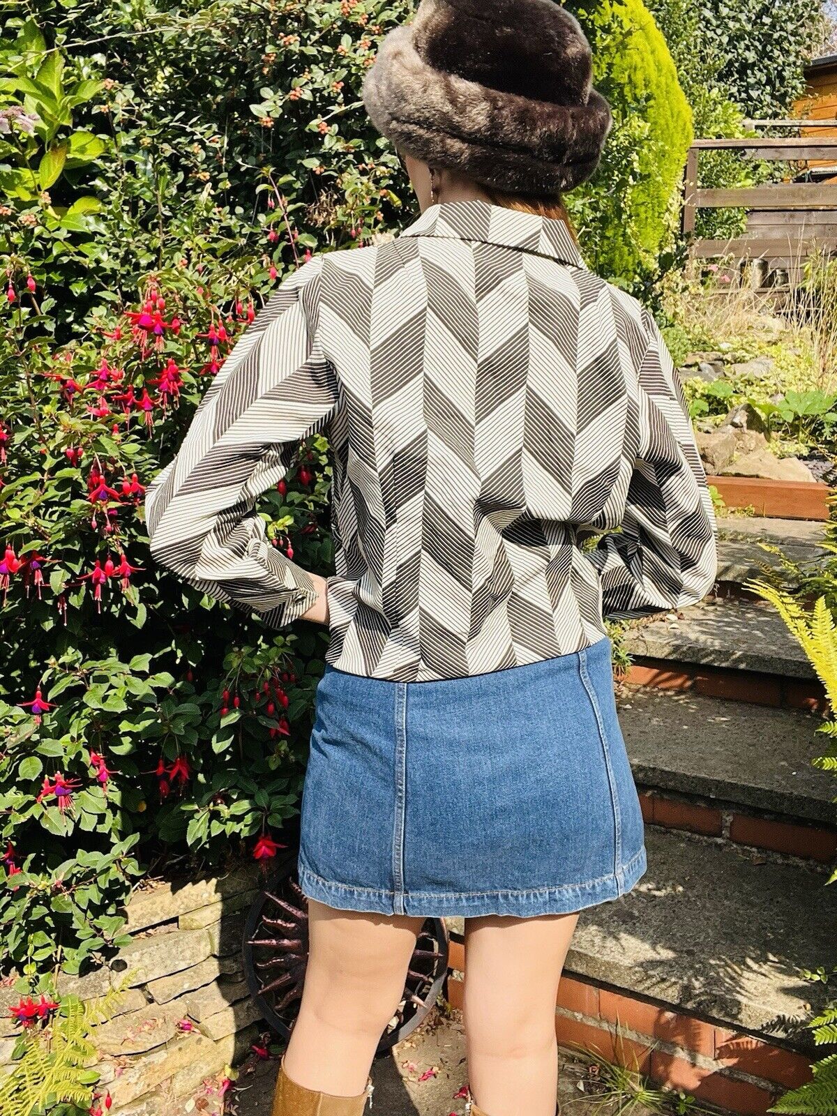 Vintage 1980s Abstract Shirt Retro Long Sleeve Blouse Black White Striped 16