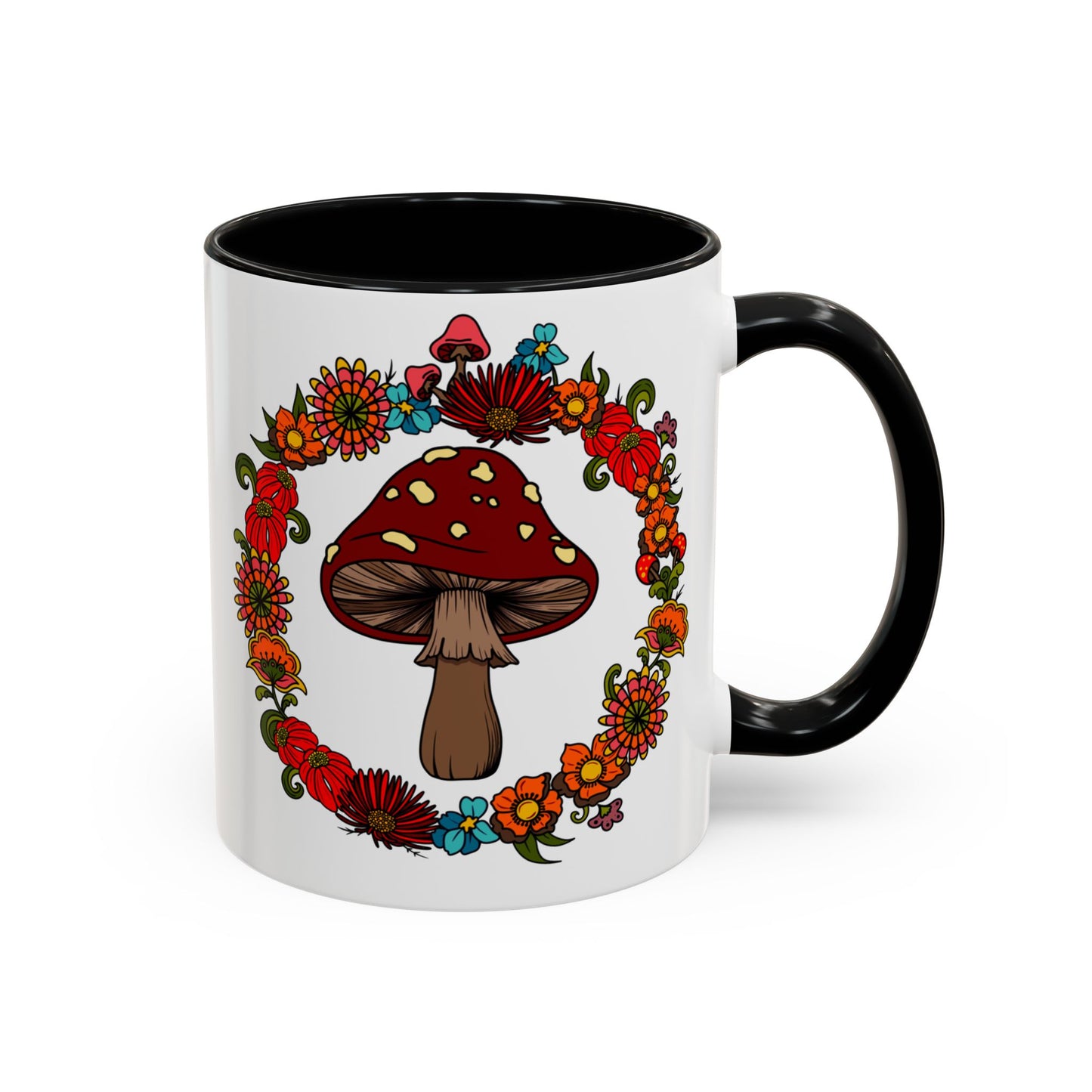 Flower and mushroom mug, Retro Floral 60s 70s tea and coffee cup, Colourful hippie flower power ceramic mug
