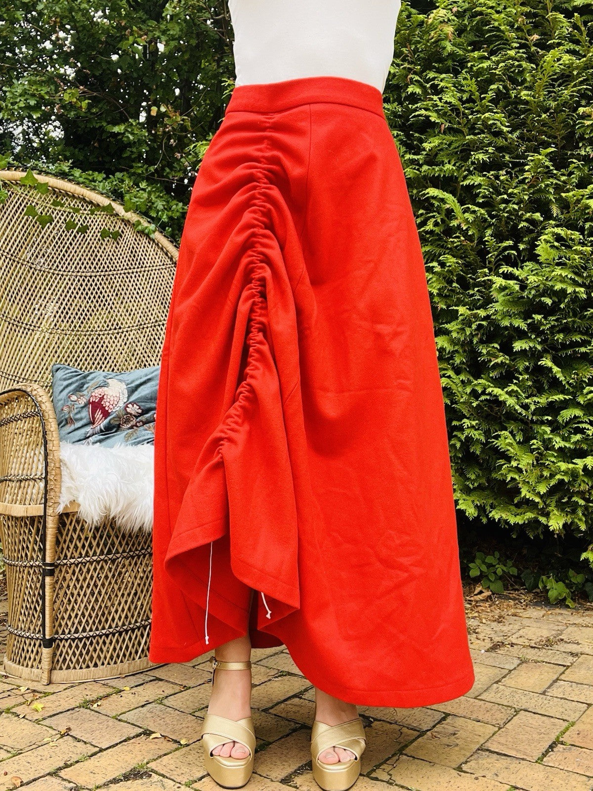 Vintage 1960s Maxi Skirt High Waist Long Skirt With Draw String Ruffle Red 12