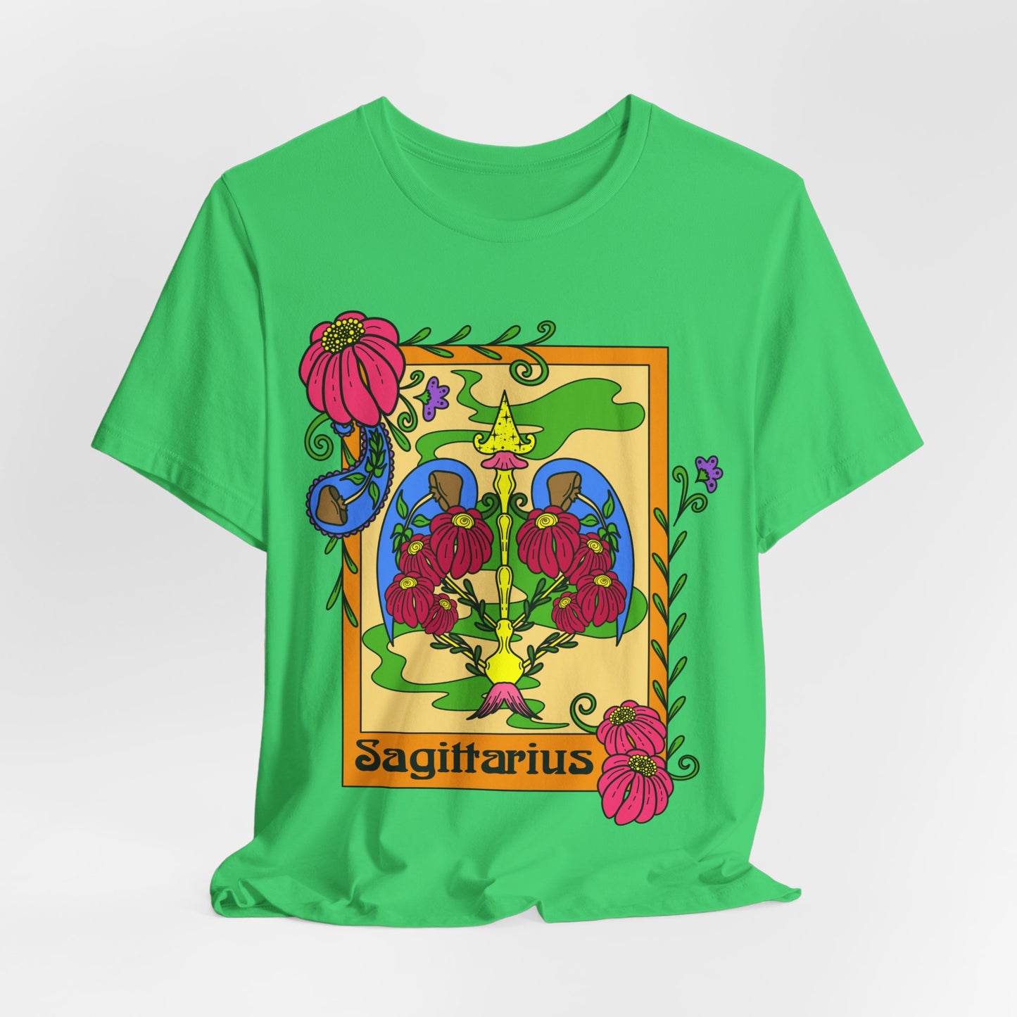 Sagittarius star sign T-Shirt, Bow and arrow zodiac astrology top, Horoscope birthday gift Tee, Bold retro colourful Design tshirt