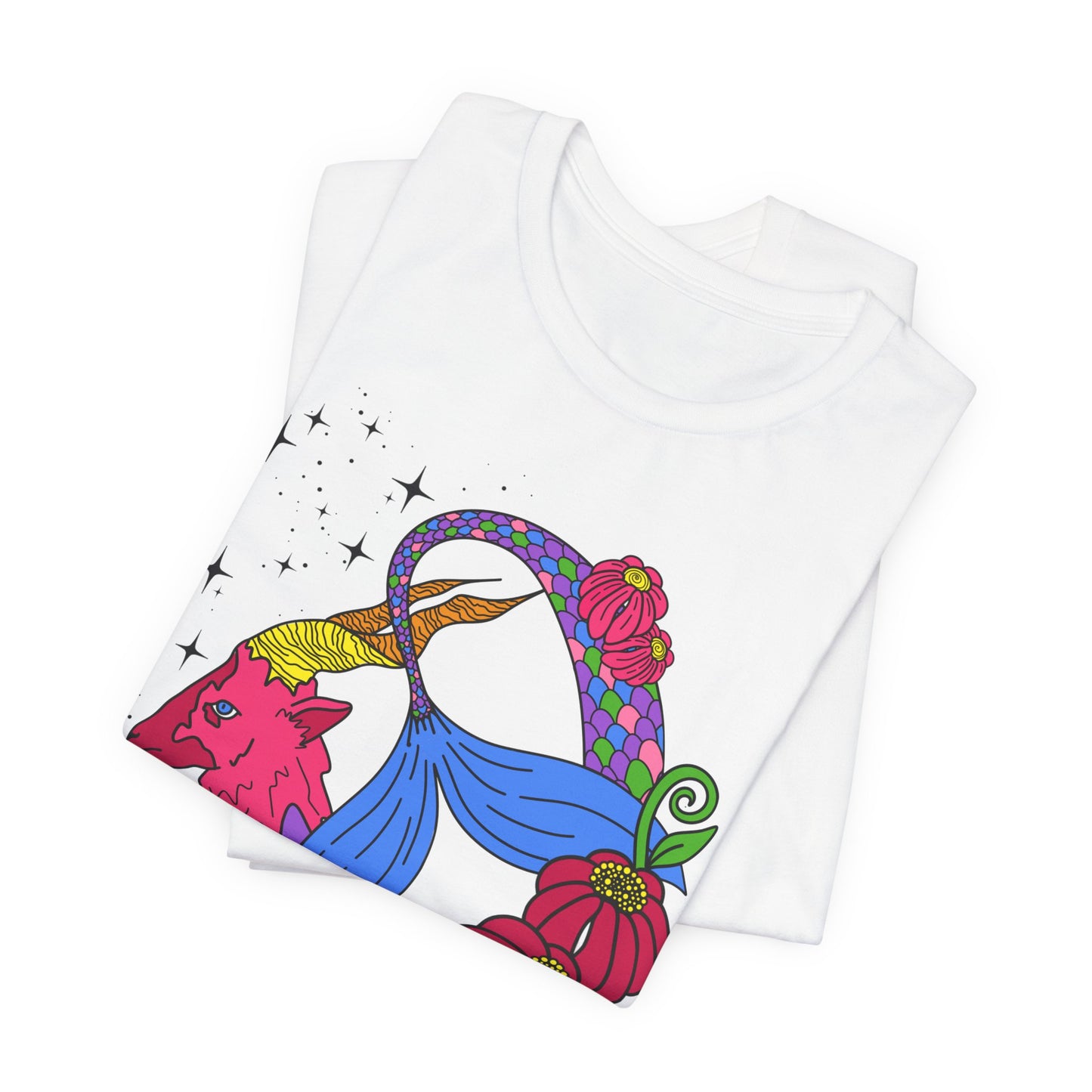 Capricorn star sign T-Shirt, Sea goat zodiac astrology top, Horoscope birthday gift Tee, Bold retro colourful Design tshirt