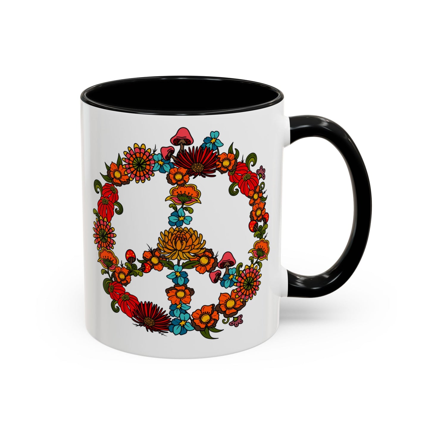 Hippie Peace Sign mug, Retro Floral 60s 70s tea and coffee cup, Colourful CND flower power ceramic mug