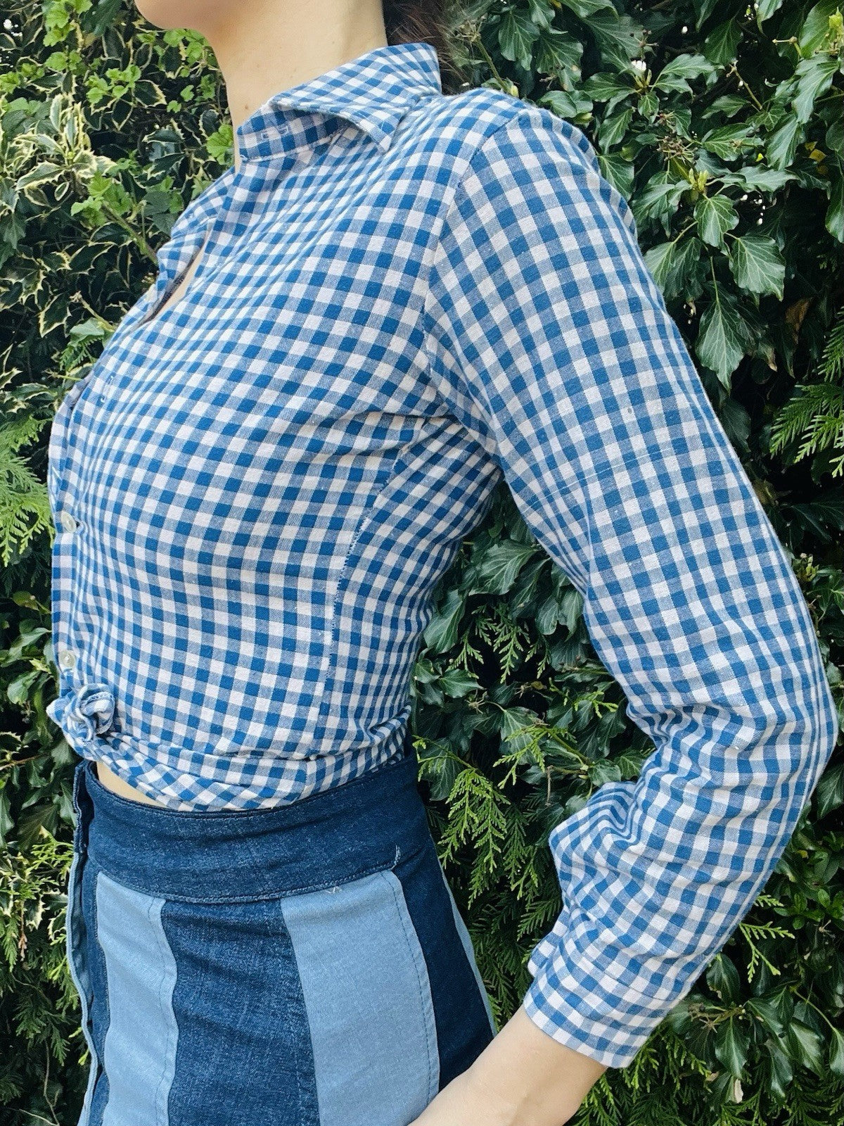 Vintage Check Rockabilly Shirt Cotton Blue Checkered Blouse Long Sleeve Top 8