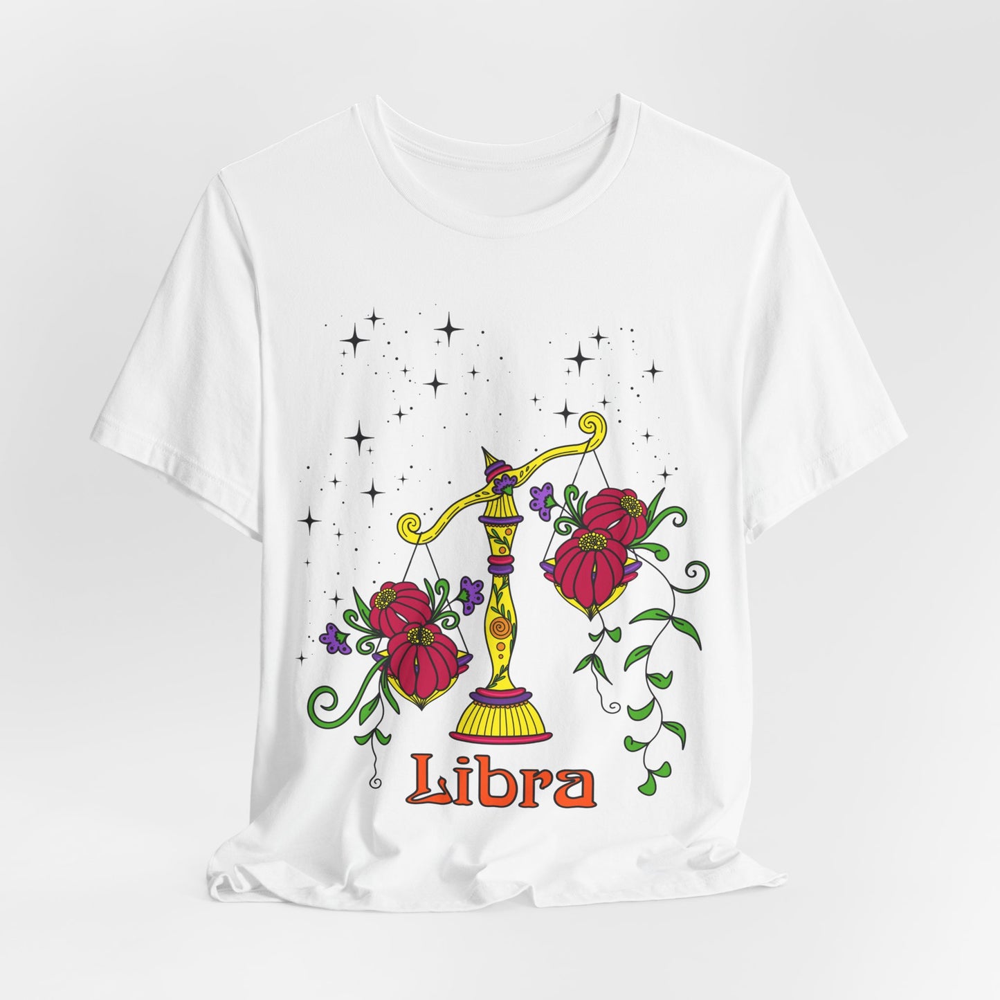 Libra star sign T-Shirt, scales zodiac astrology top, Horoscope birthday gift Tee, Bold retro colourful Design tshirt