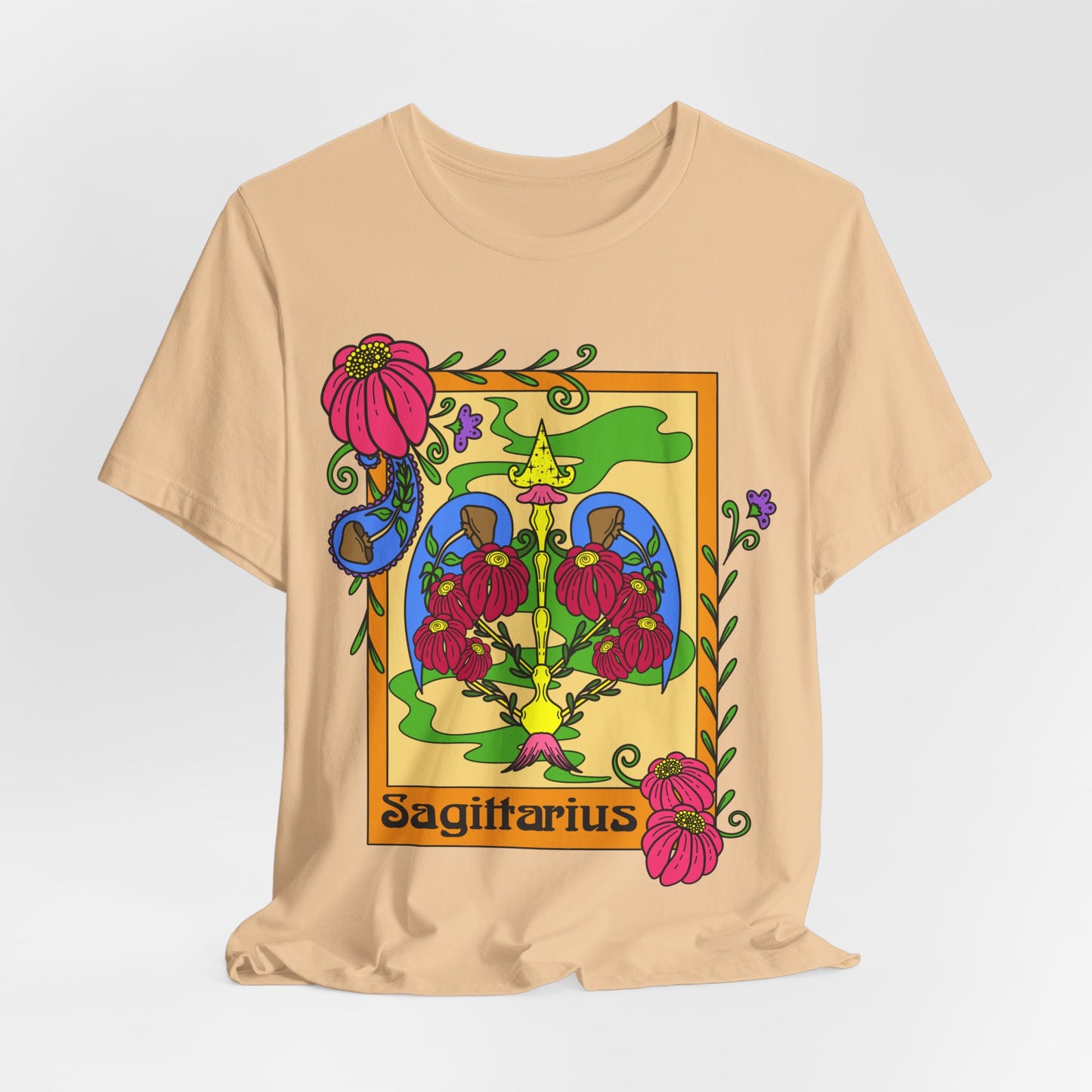 Sagittarius star sign T-Shirt, Bow and arrow zodiac astrology top, Horoscope birthday gift Tee, Bold retro colourful Design tshirt