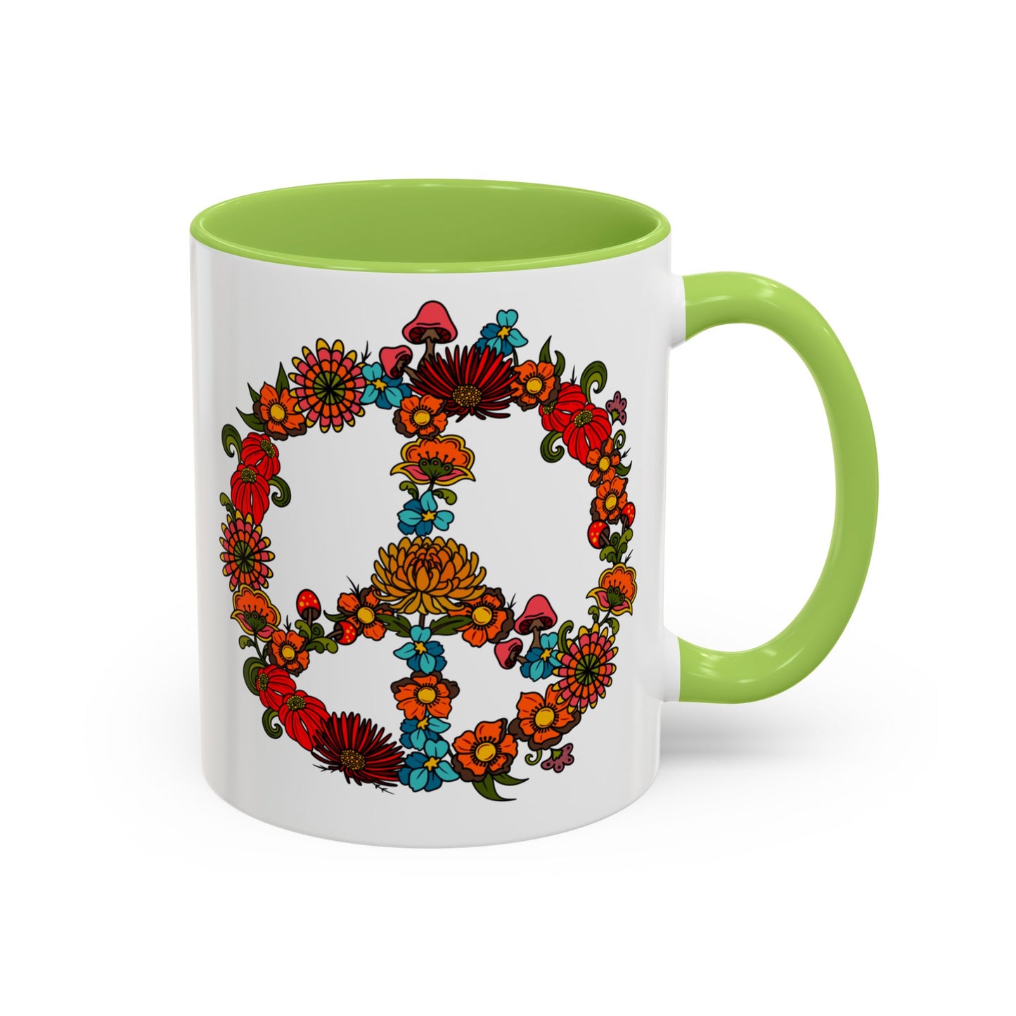 Hippie Peace Sign mug, Retro Floral 60s 70s tea and coffee cup, Colourful CND flower power ceramic mug